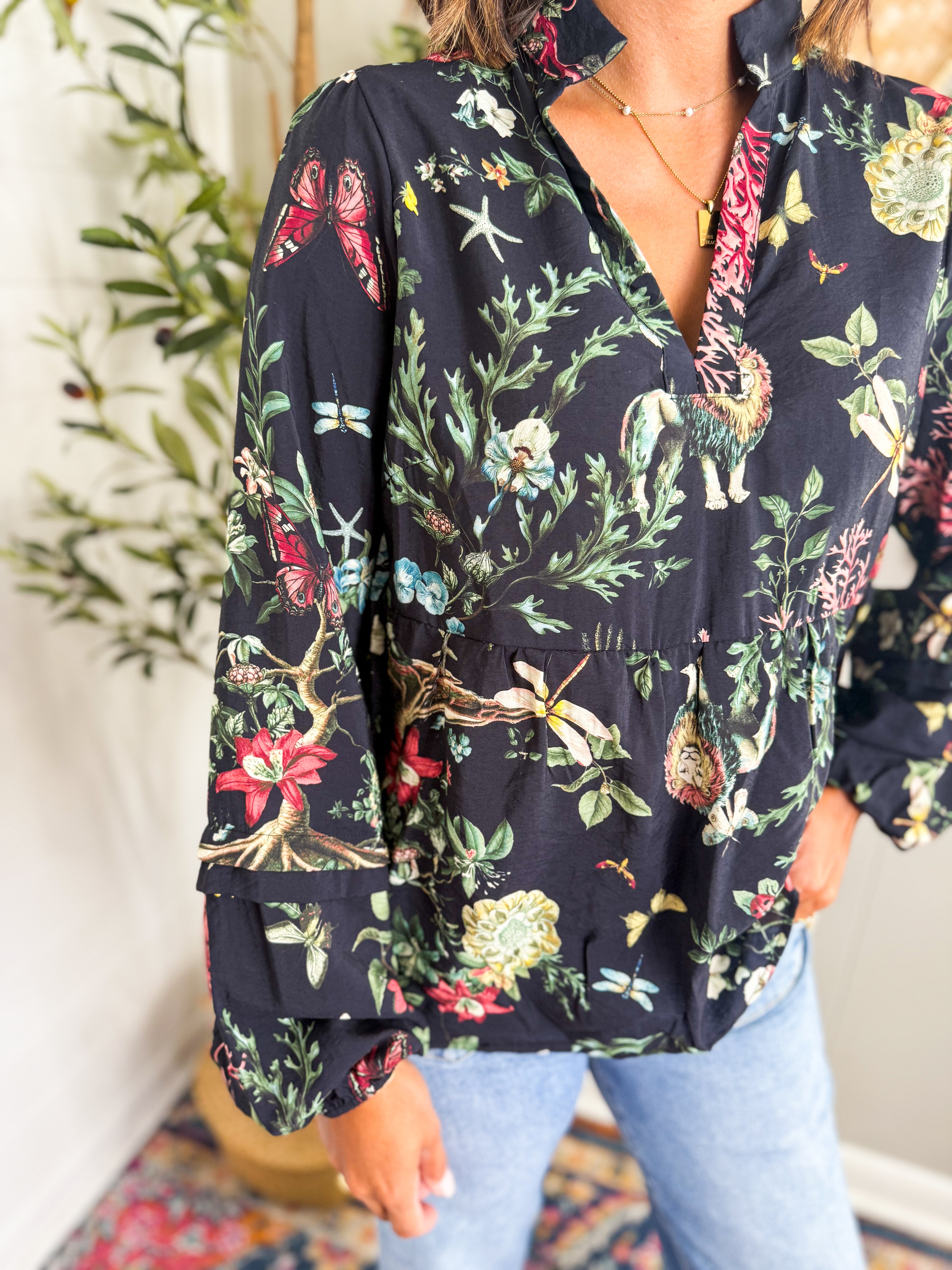 High Neck Black Floral Blouse