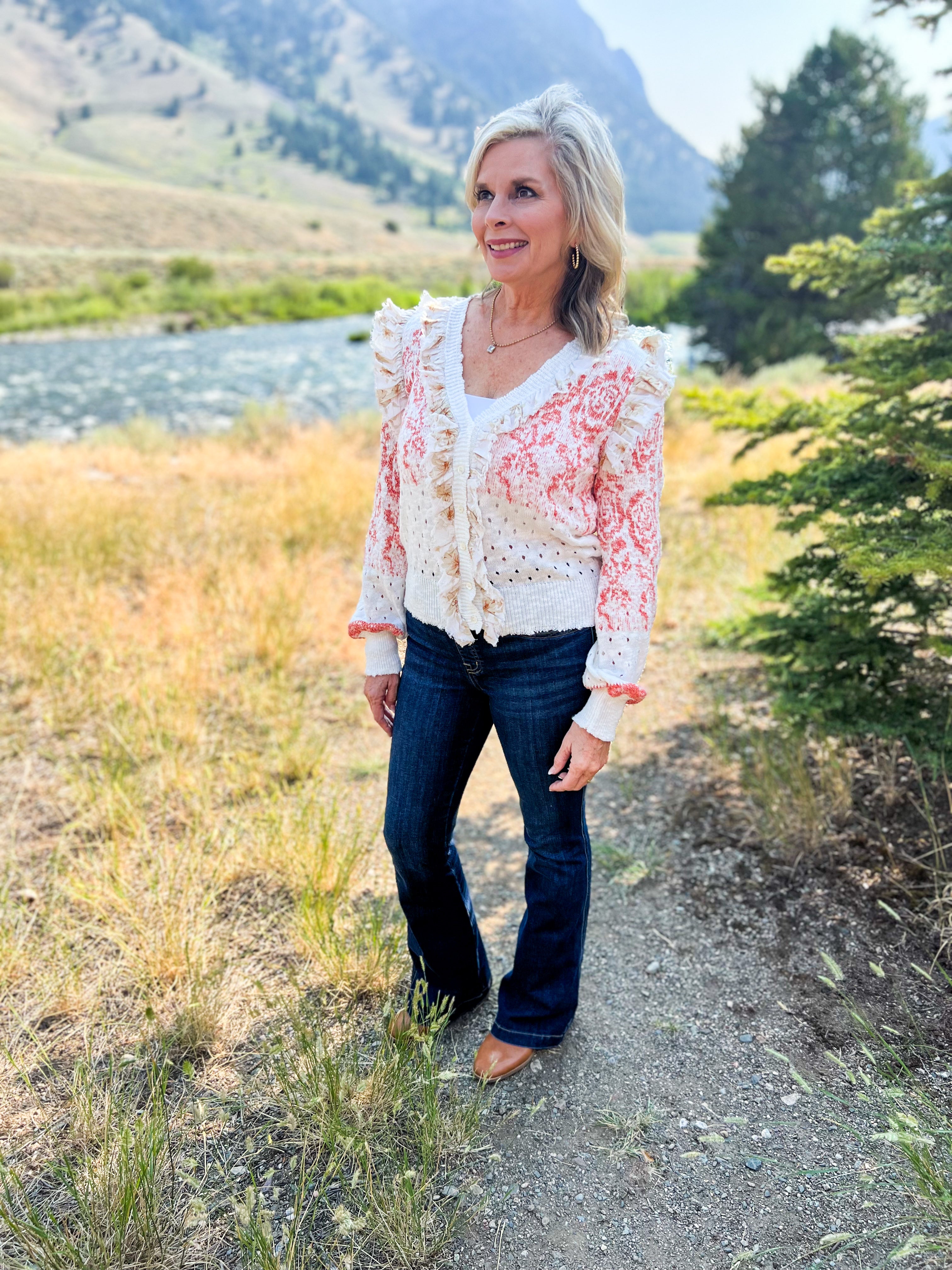 White And Coral Cardigan with Ruffle Detail