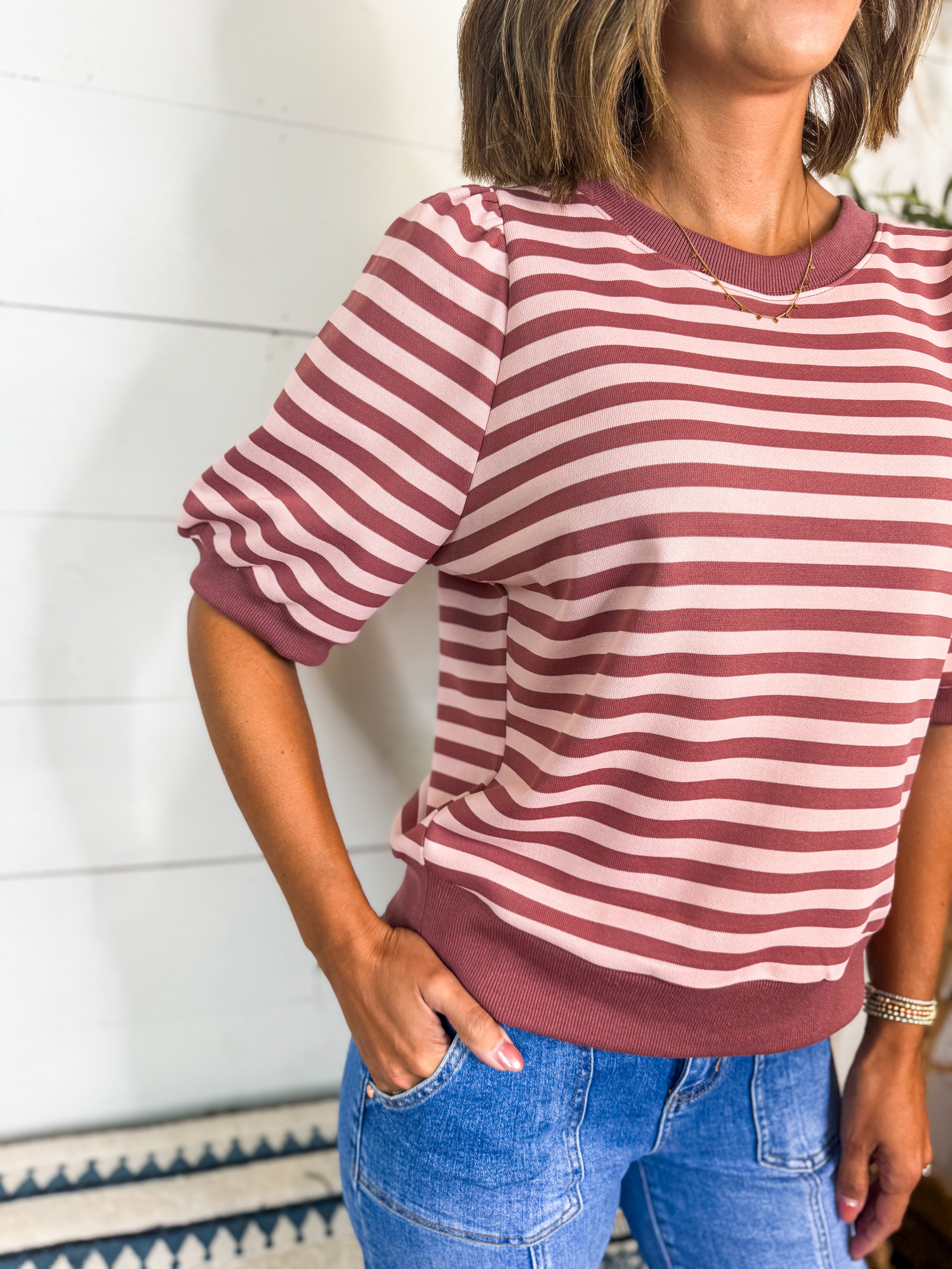 Striped Puffy Sleeve Round Neck Top