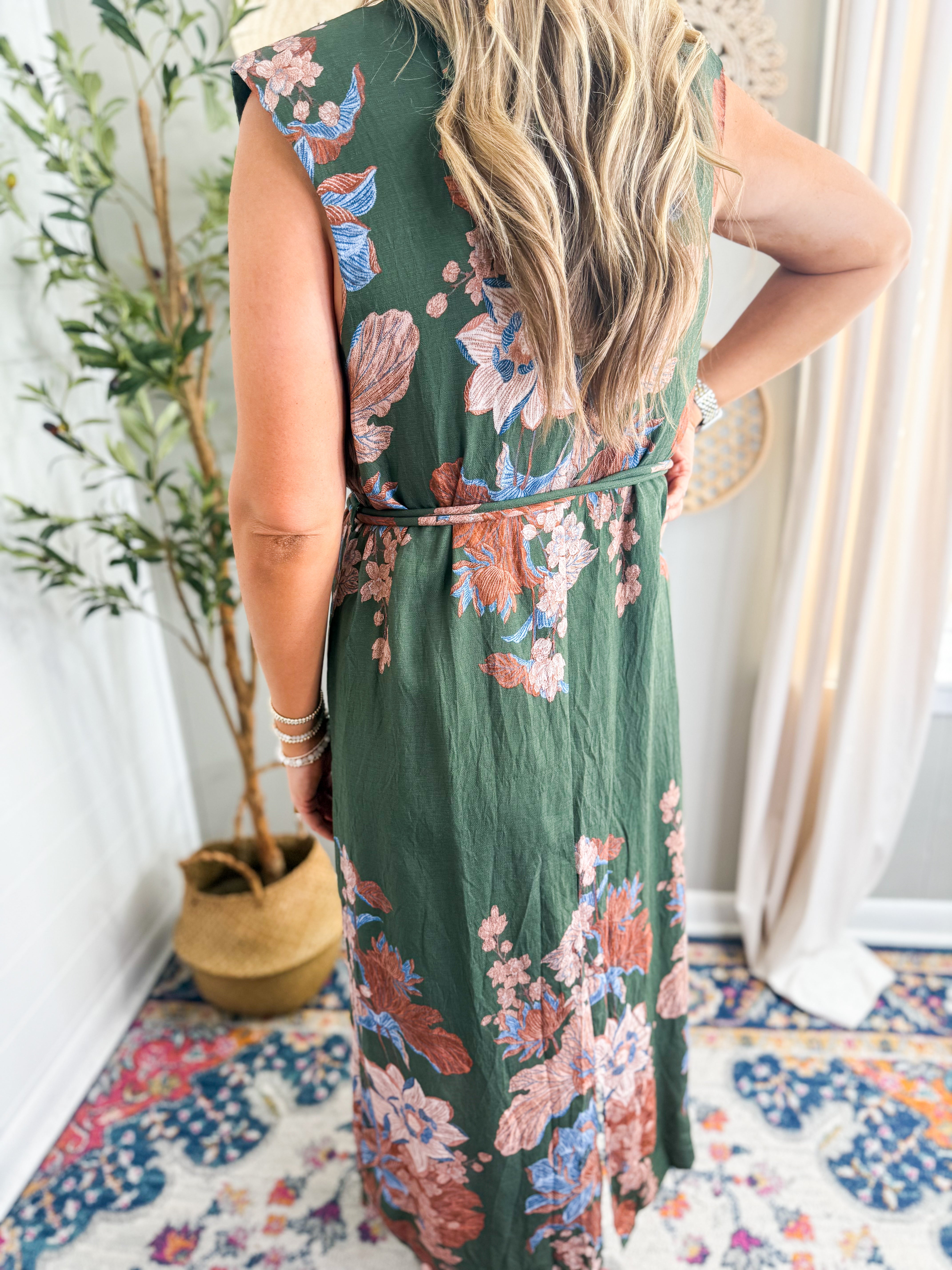 Olive Floral Print Sleeveless Midi