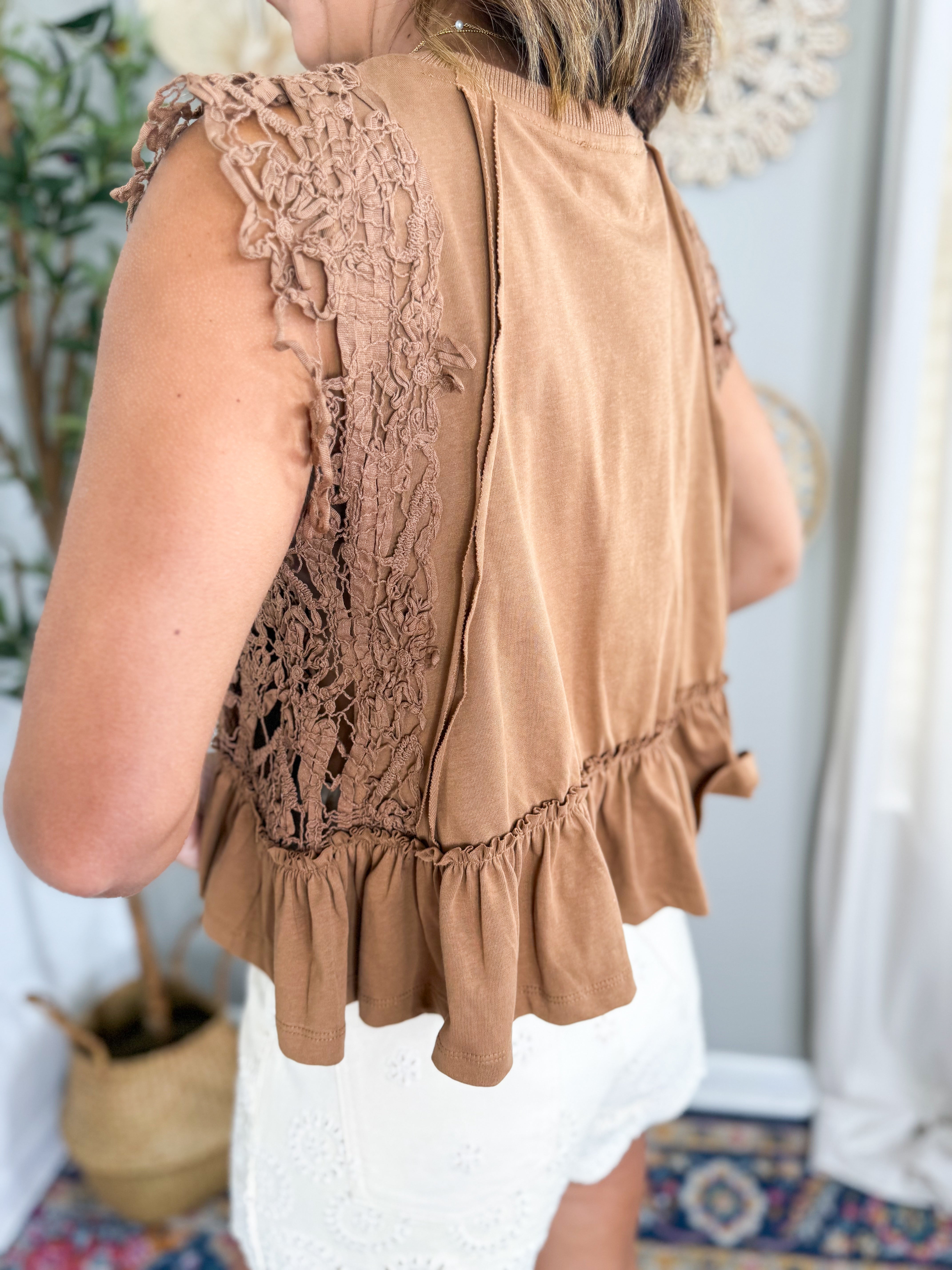 Cinnamon Side Lace Trim Ruffle Hem Top