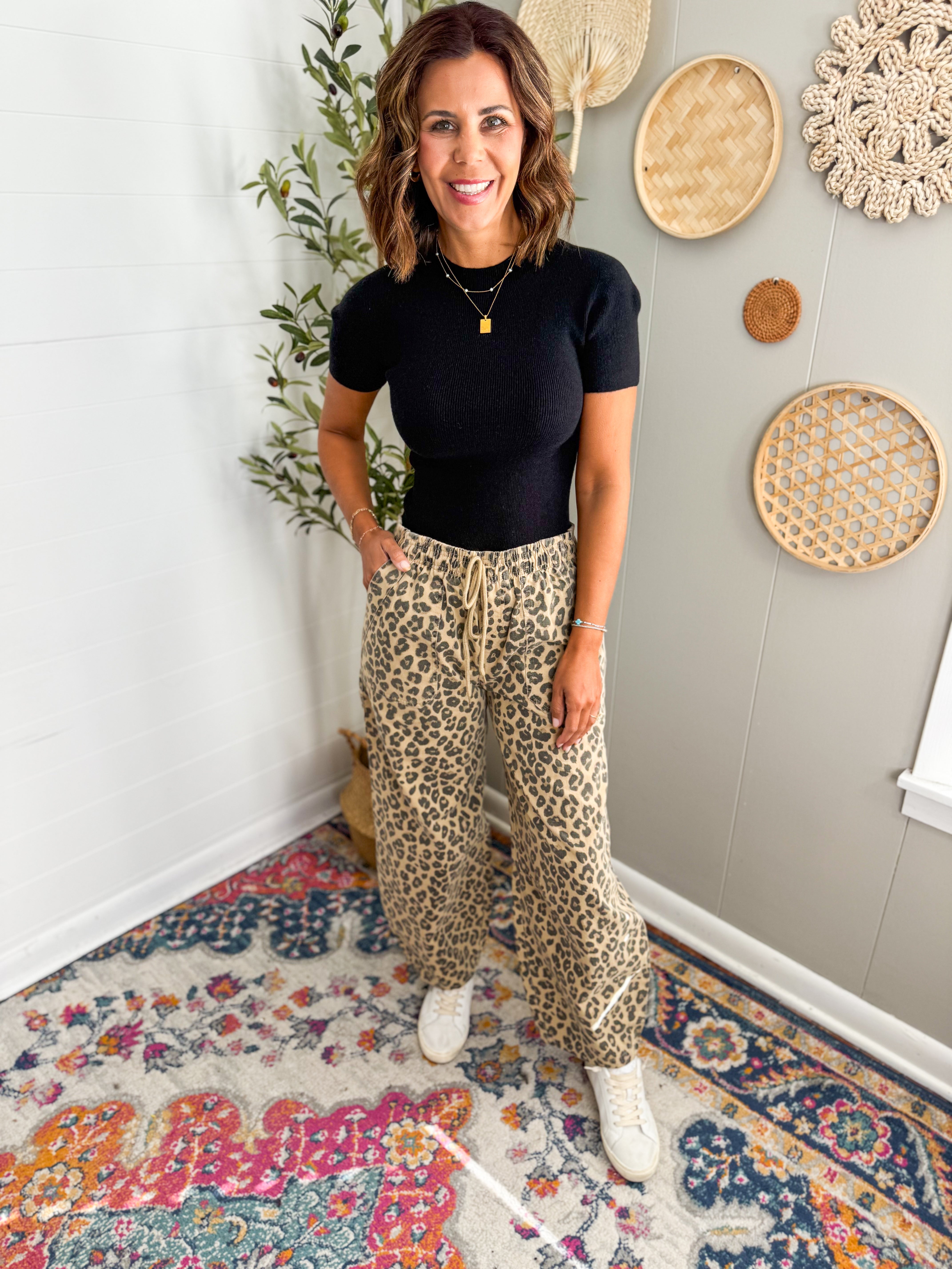 Leopard Print Drawstring Barrel Leg Pants
