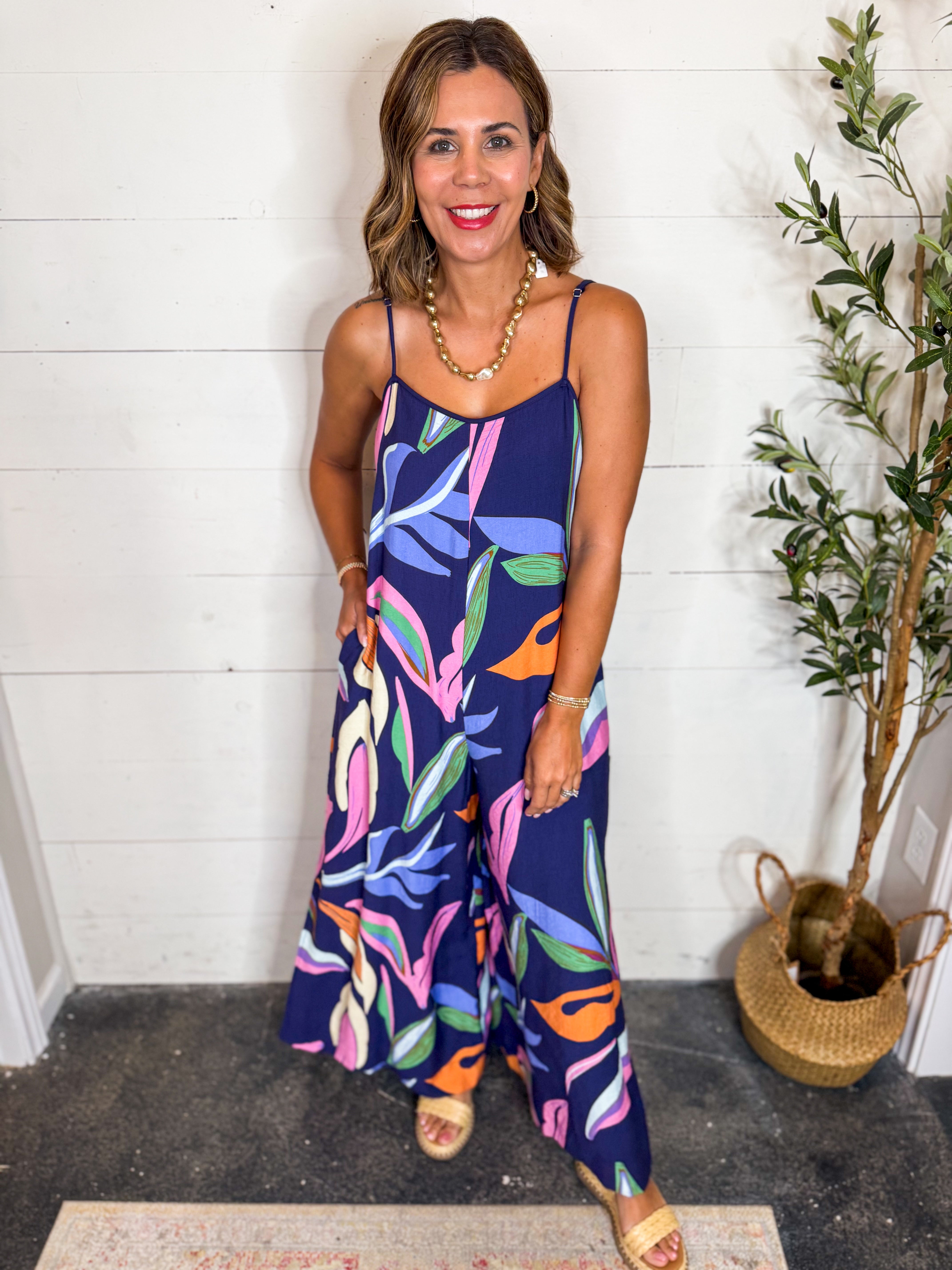 Printed Spaghetti Strap Wide Leg Jumpsuit