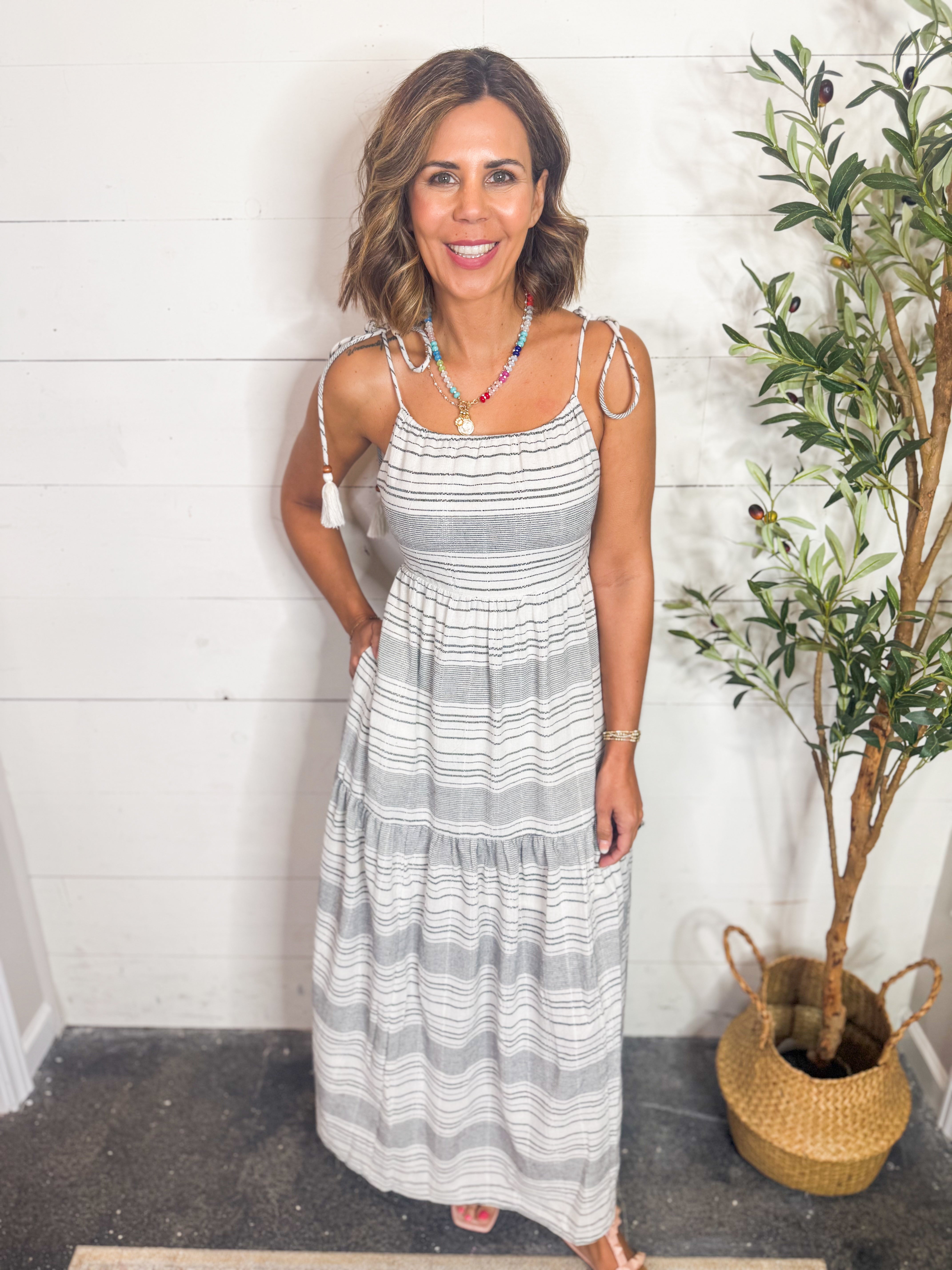 Striped Dress With Tassel And Bead Detail