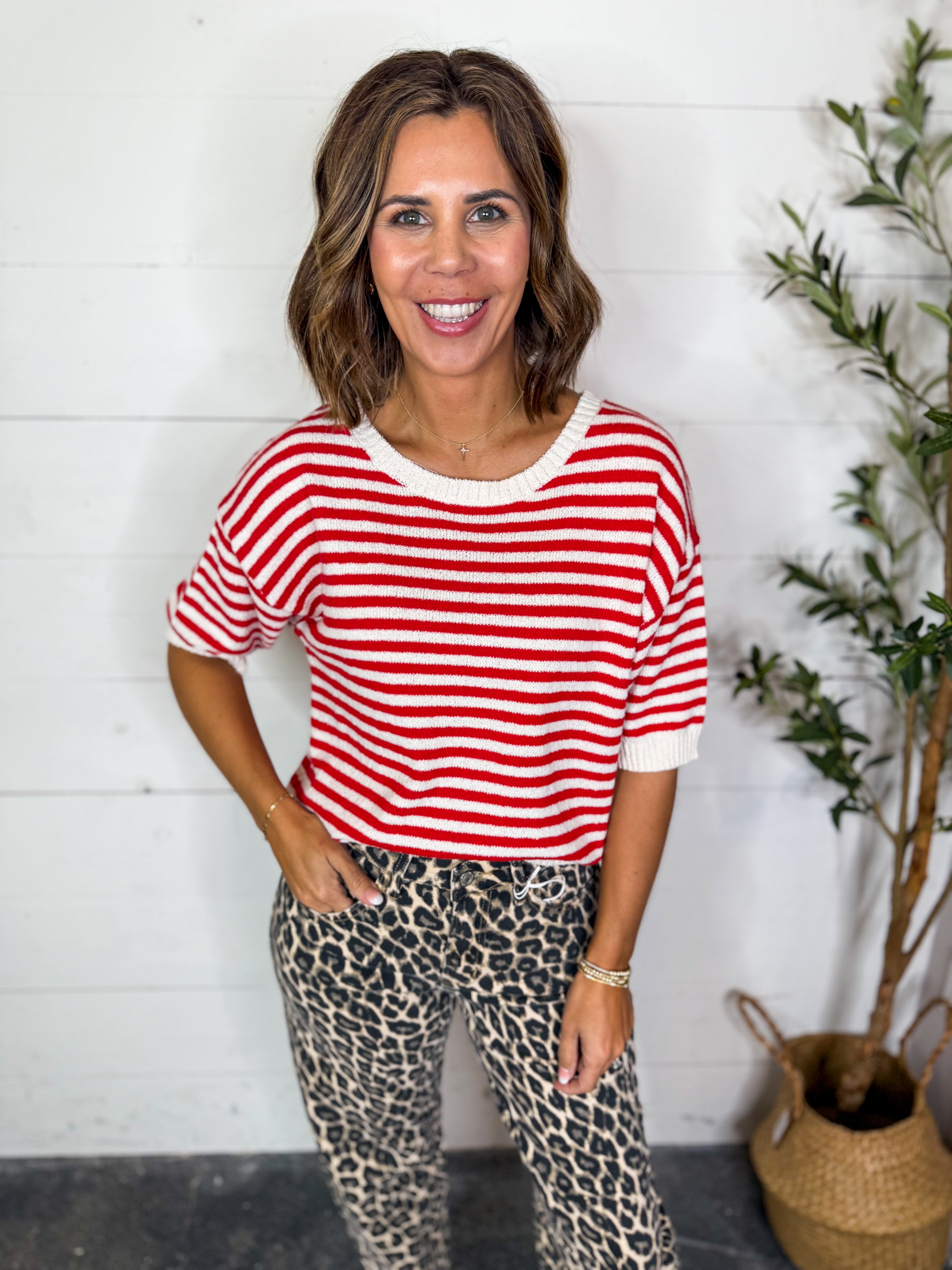 Striped Short Sleeve Knit Sweater