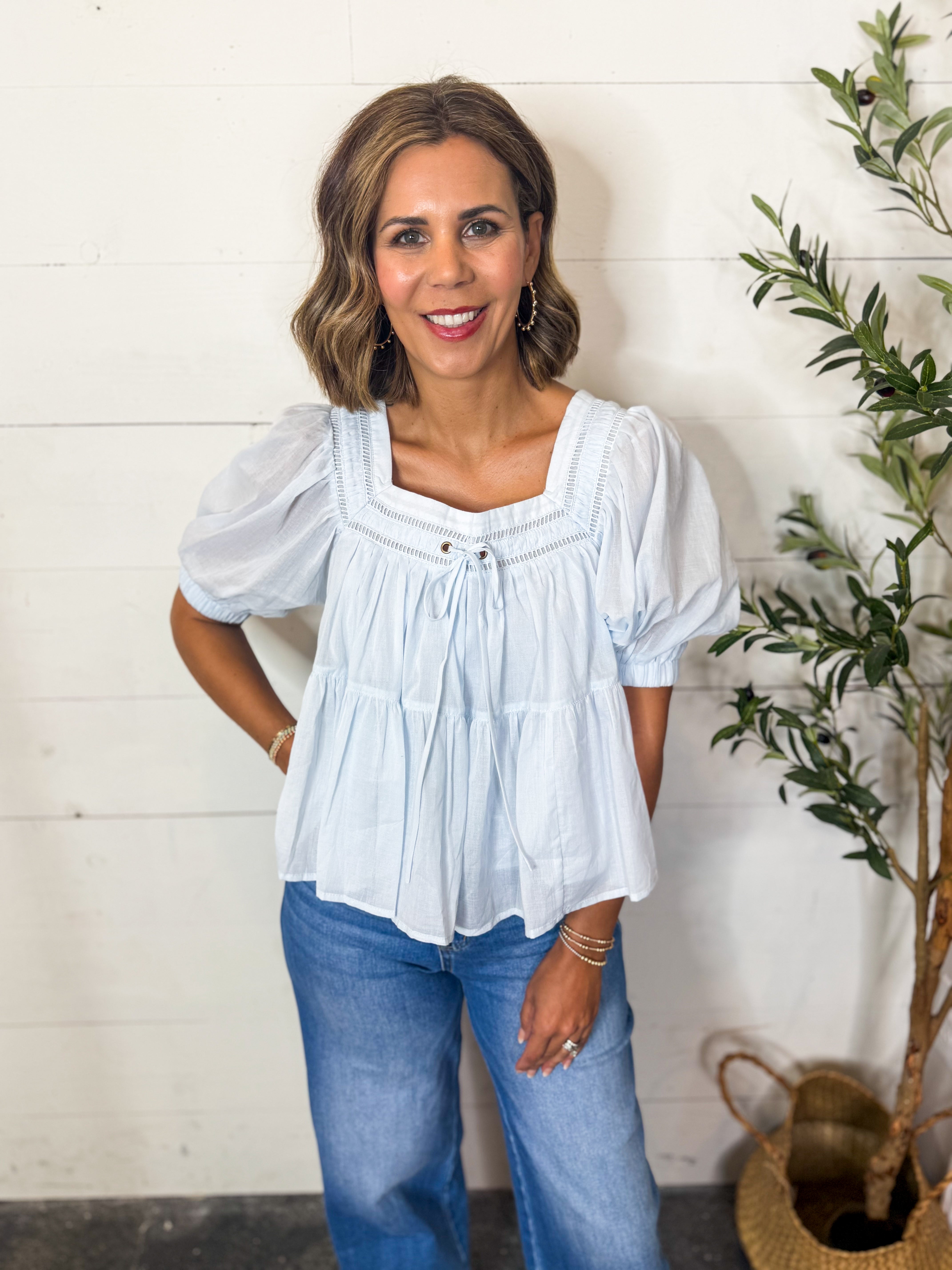 Voile Square Neck Top With Front Tie