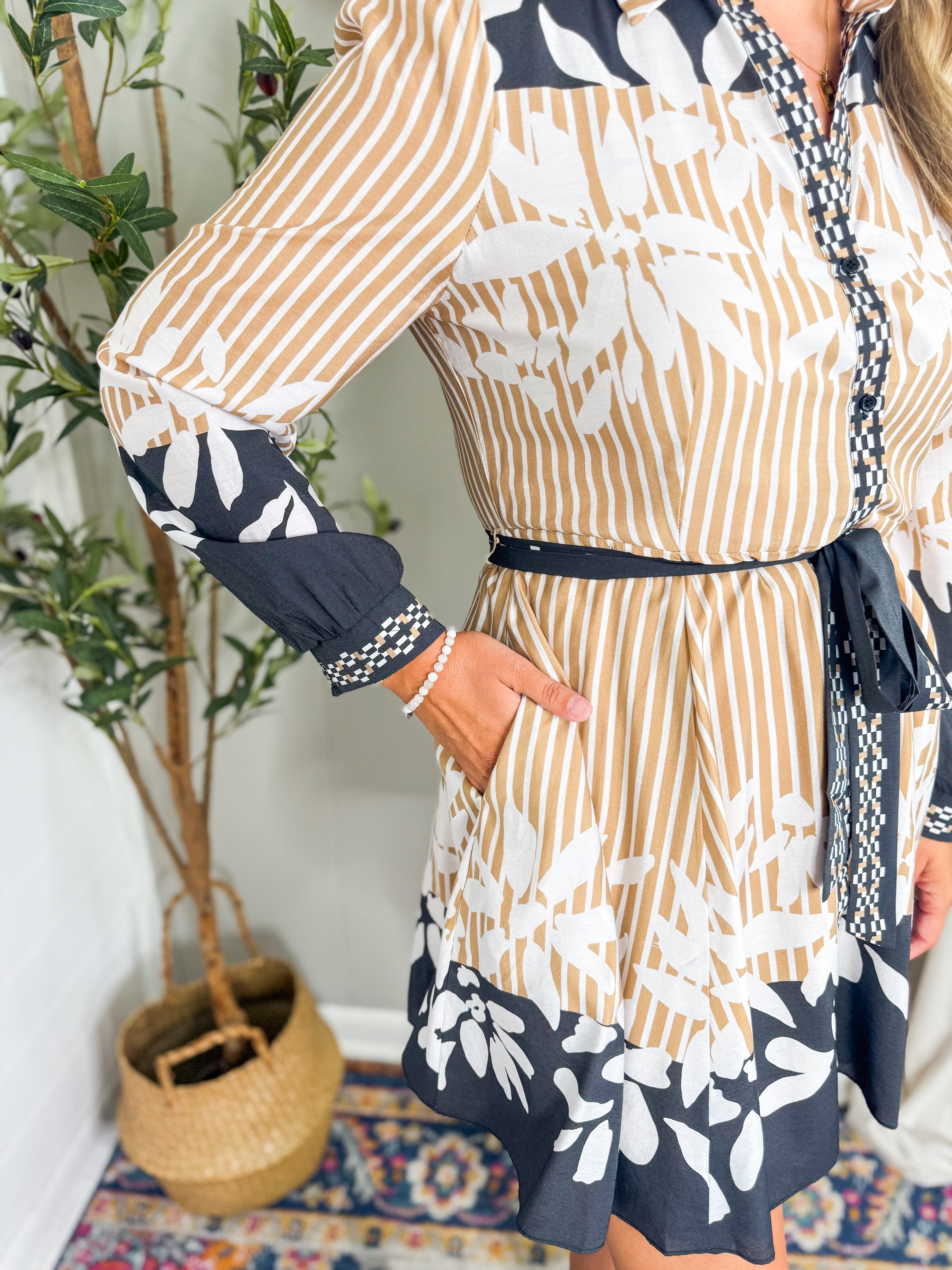 Long Sleeve Border Print Shirt Dress Mini