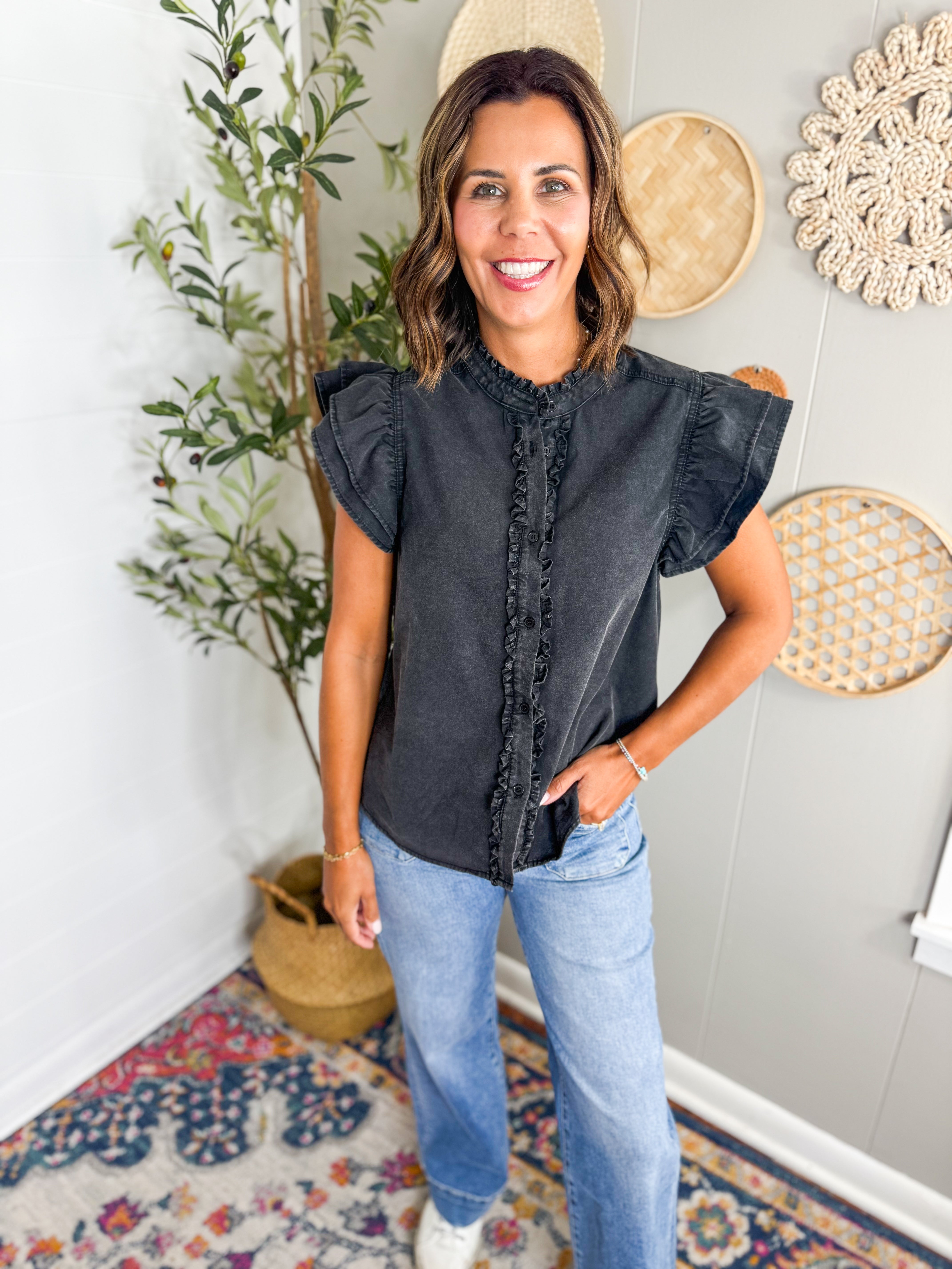 Washed Ruffle Trim Flutter Sleeve Blouse - Black