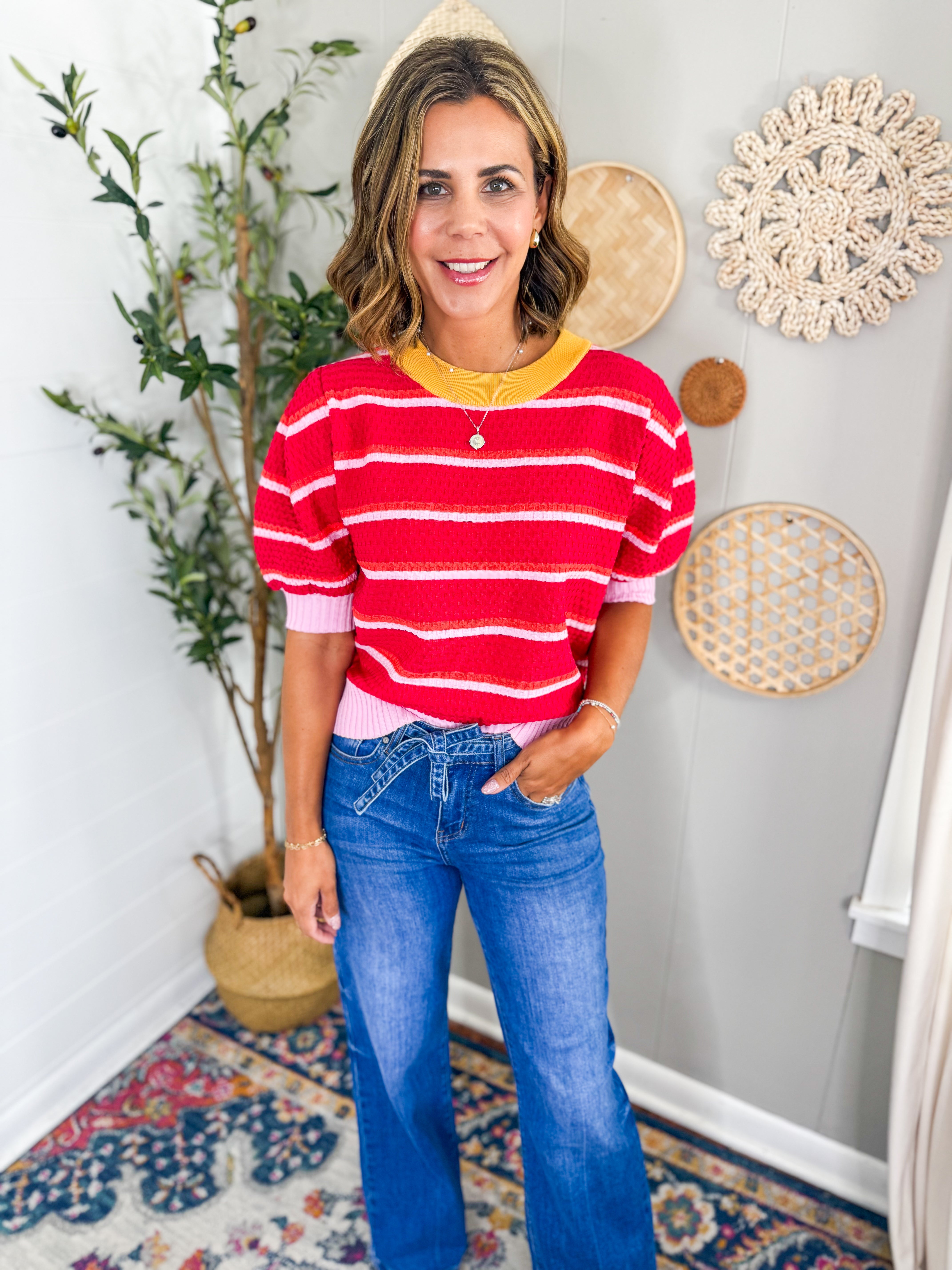 Textured Stripe Knit Crew Sweater