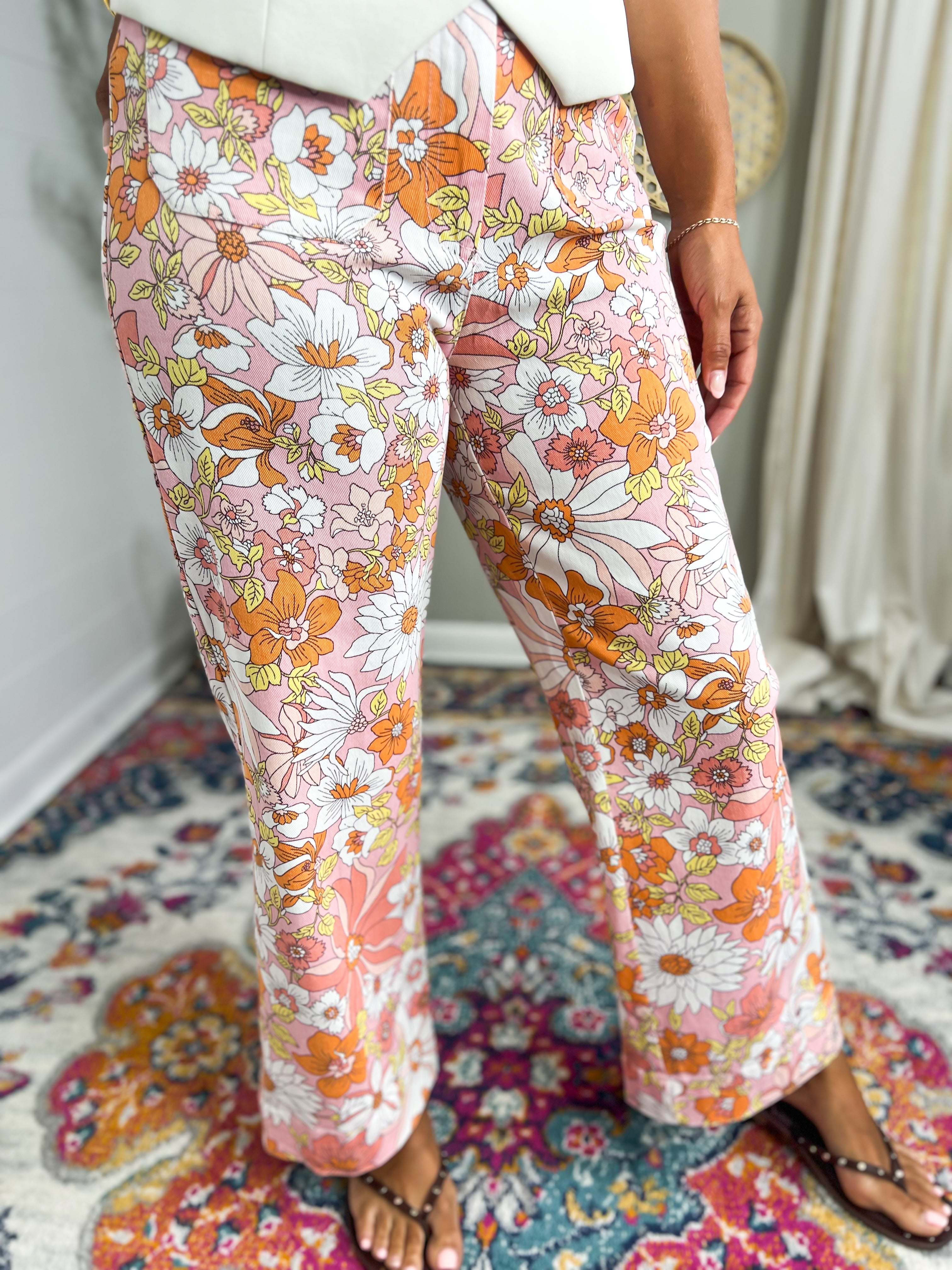 Wide Leg Pink Floral Pants