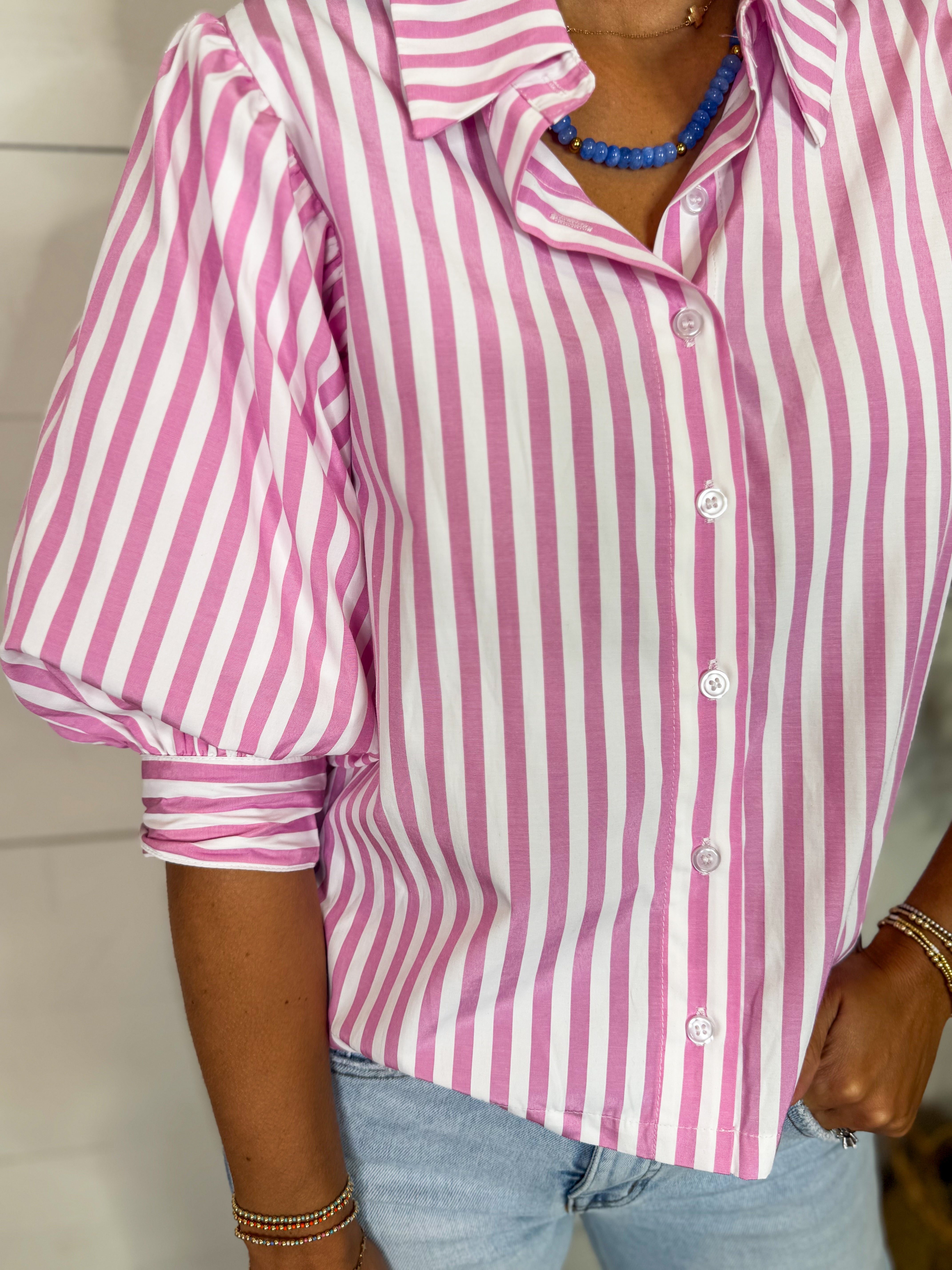 Pink Striped Button Down Cropped Top