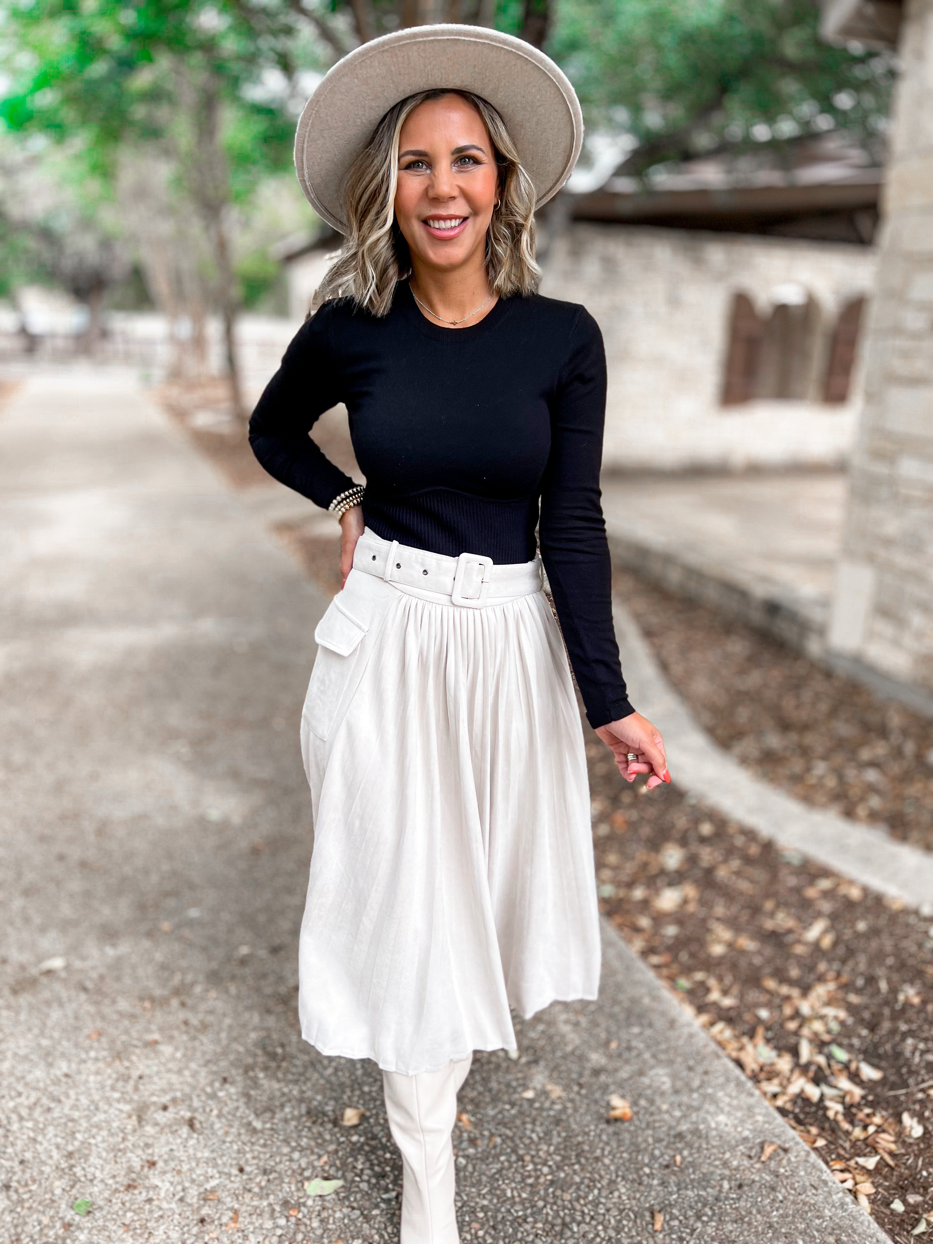 Faux Sueded Pleated Midi Skirt