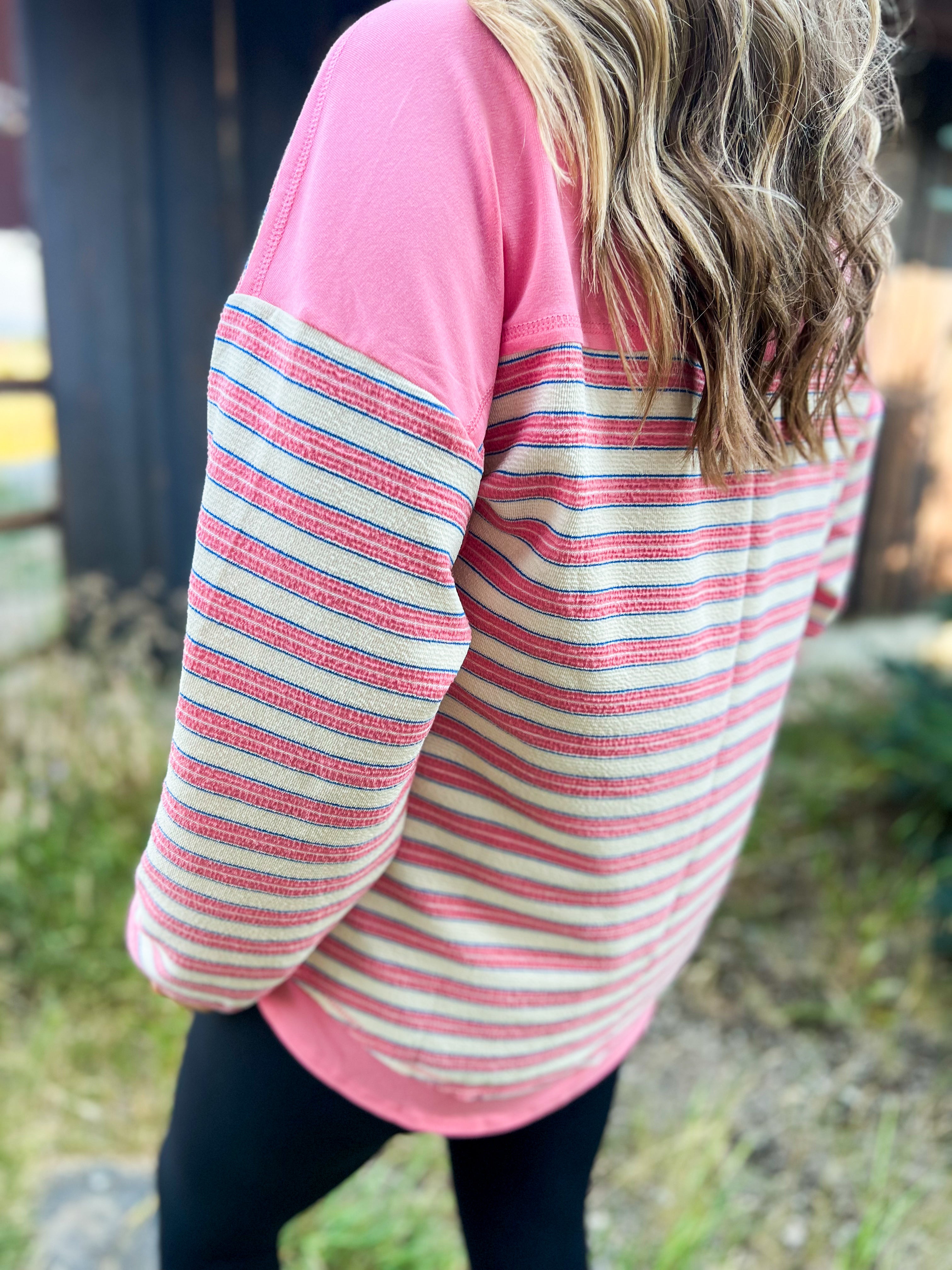 Pink Striped French Terry Collared Pullover