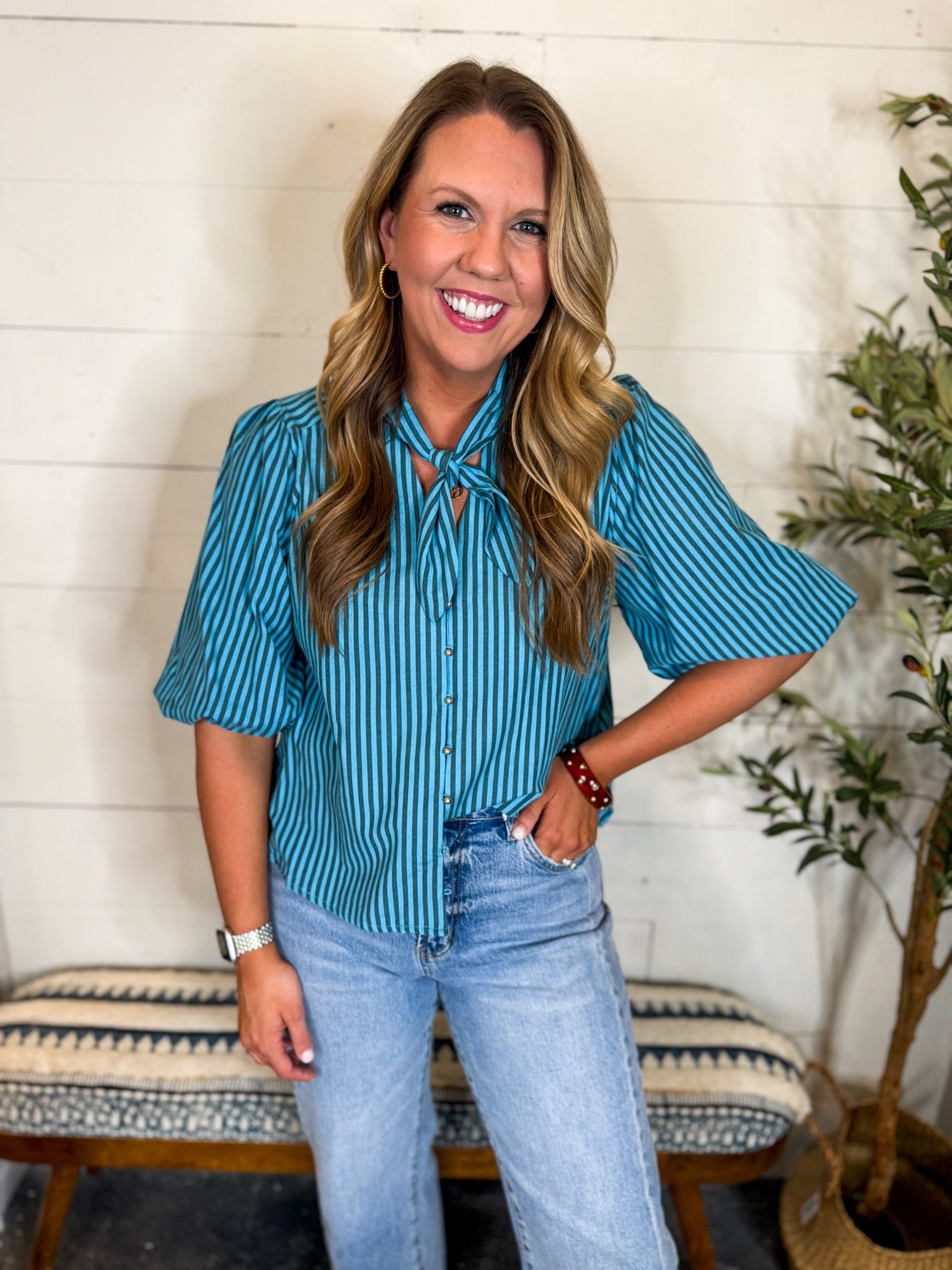 Blue Striped Button Down with Tie