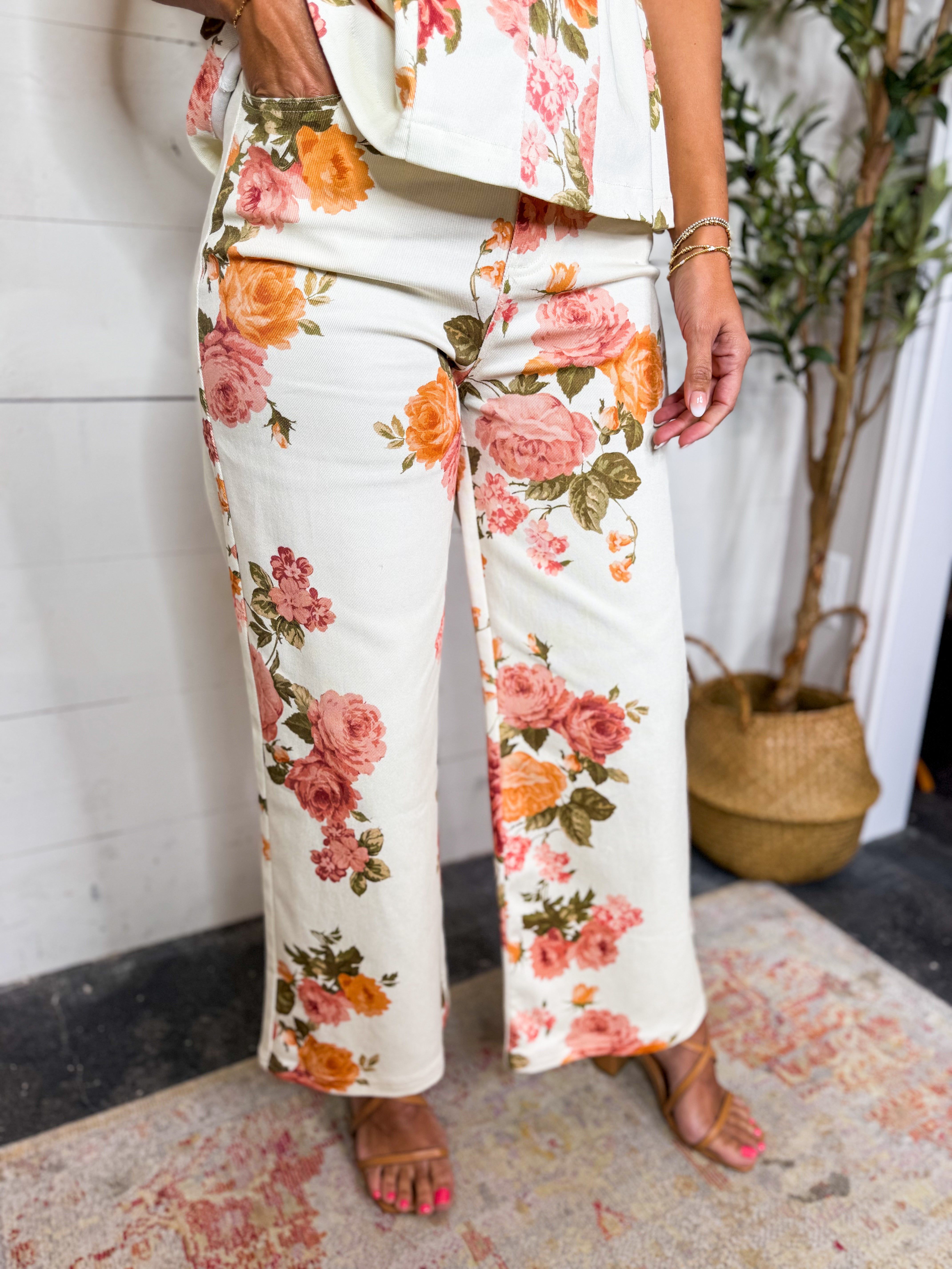 Ecru Floral Print Wide Leg Pants