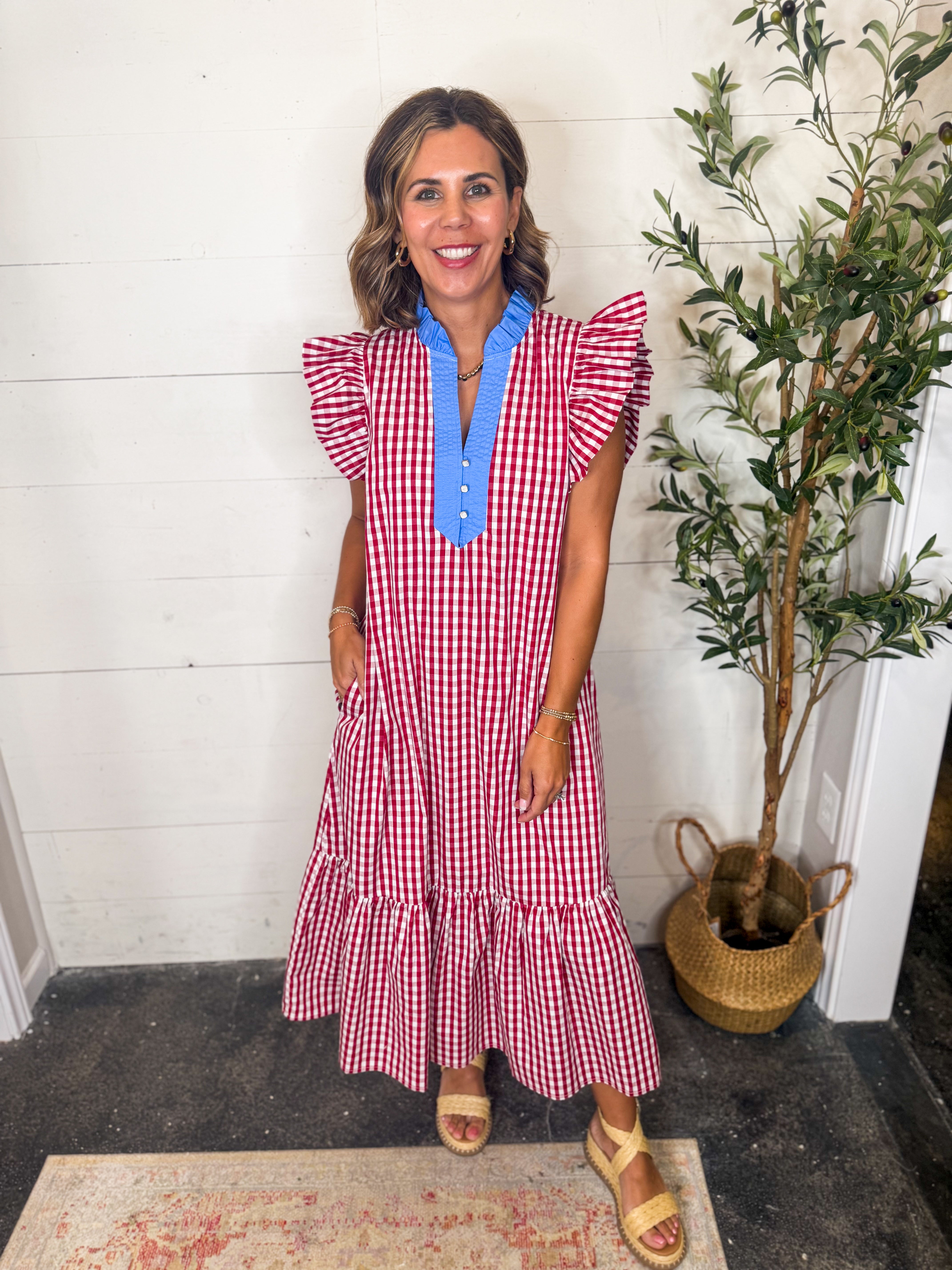 Red Gingham Flutter Sleeve Maxi Dress