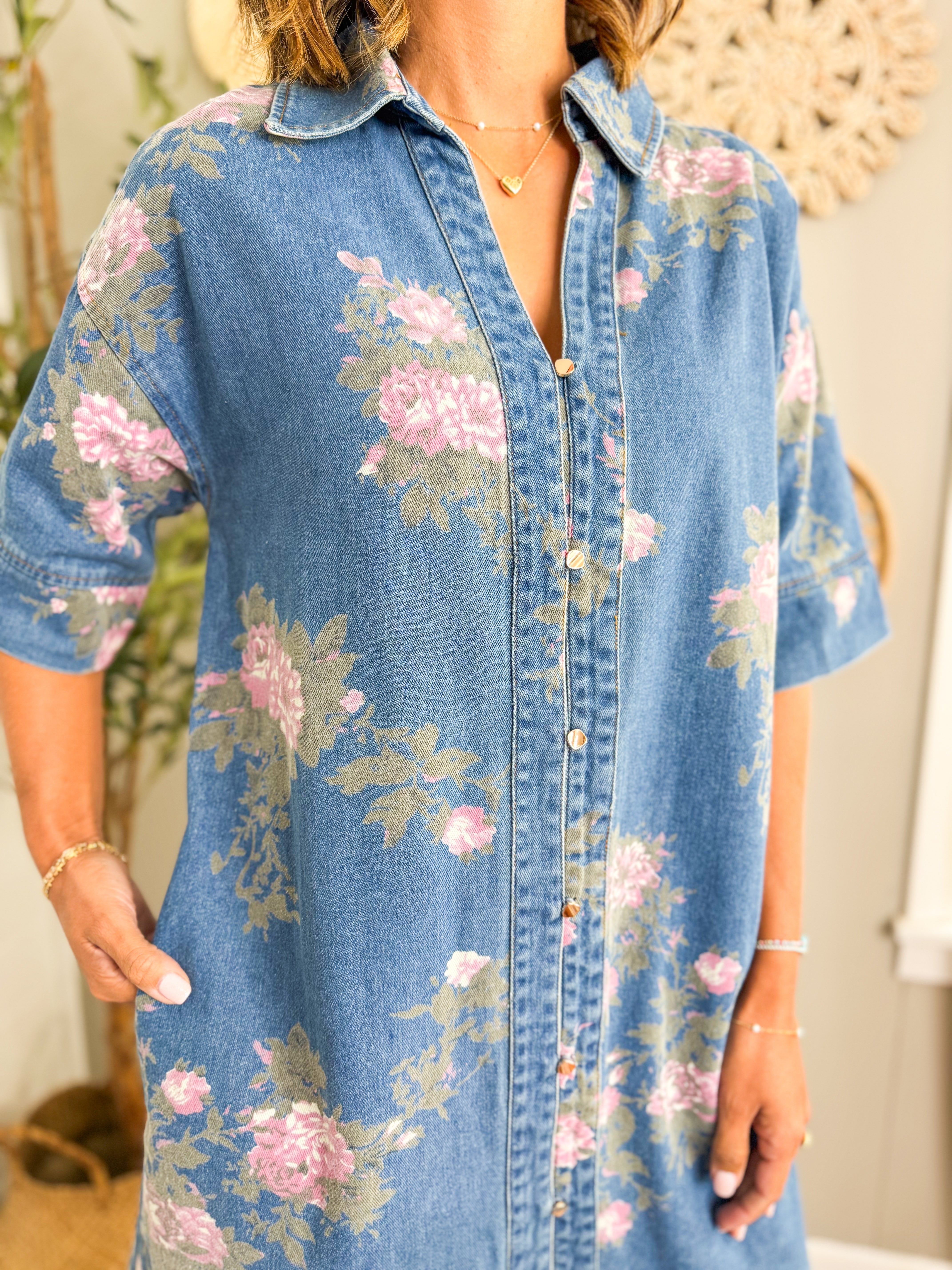 Floral Print Denim Shirt Dress
