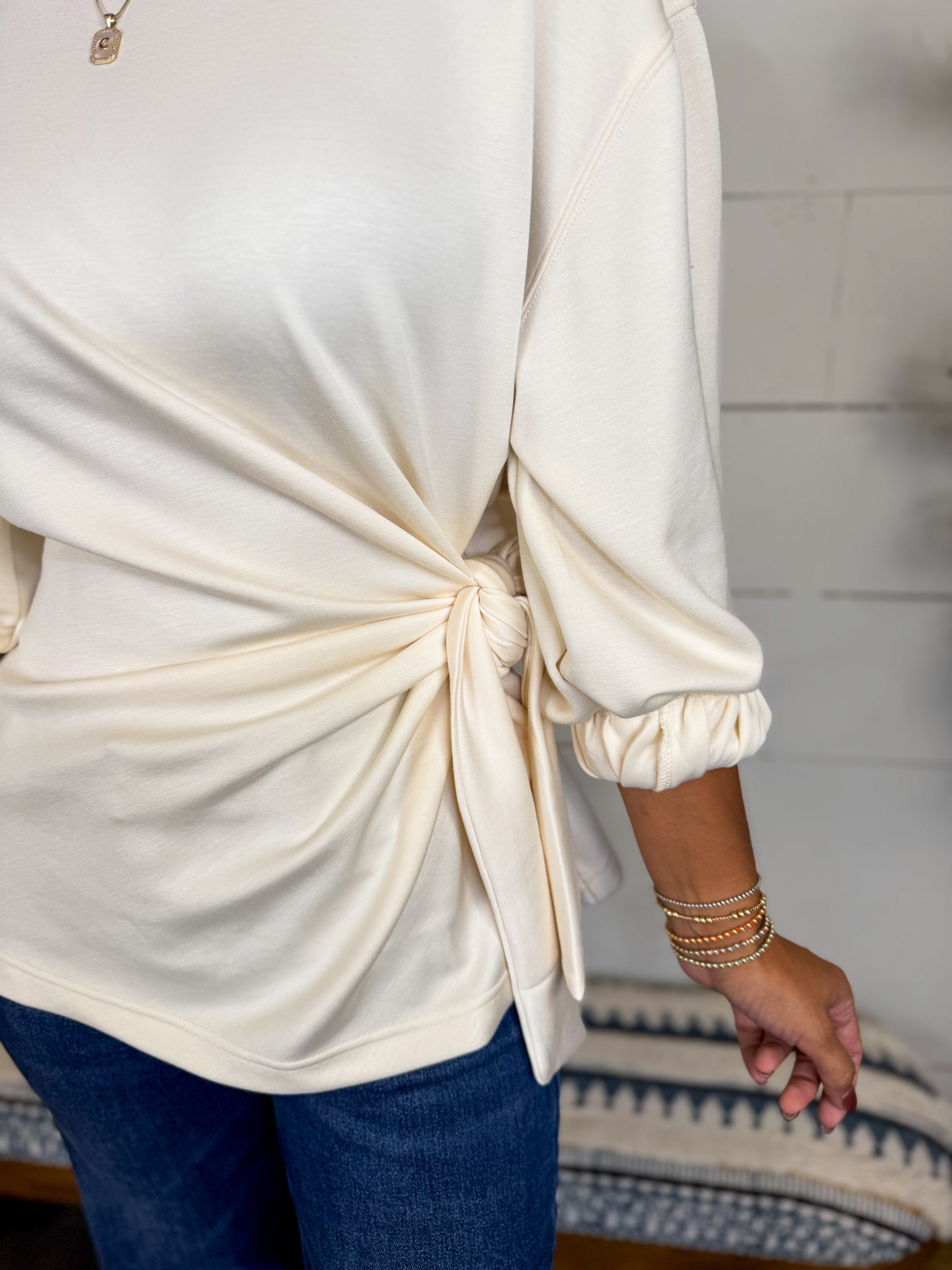 Ivory Long Sleeve Side Tie Blouse
