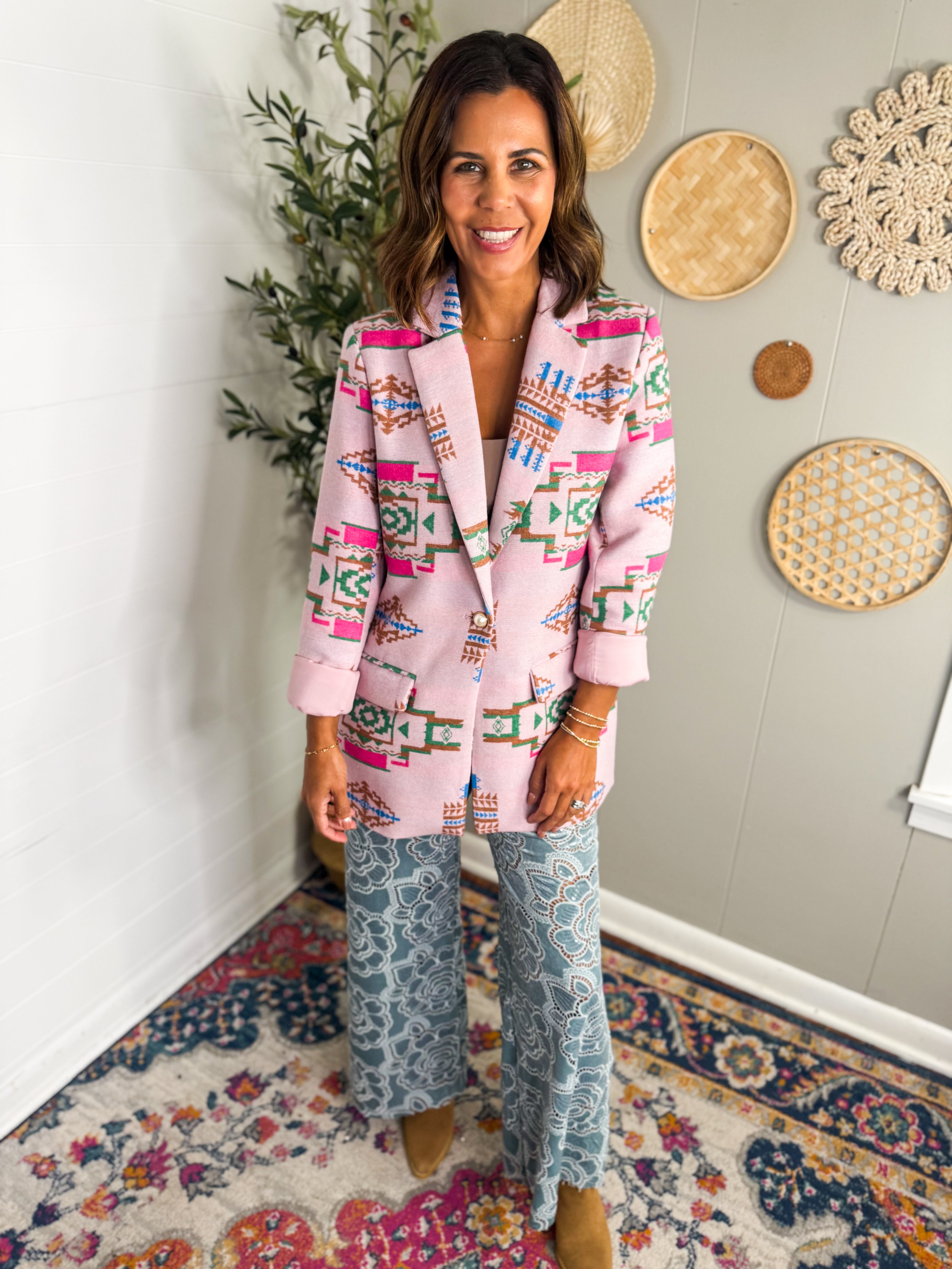 Aztec Jacquard Jewel Button Blazer