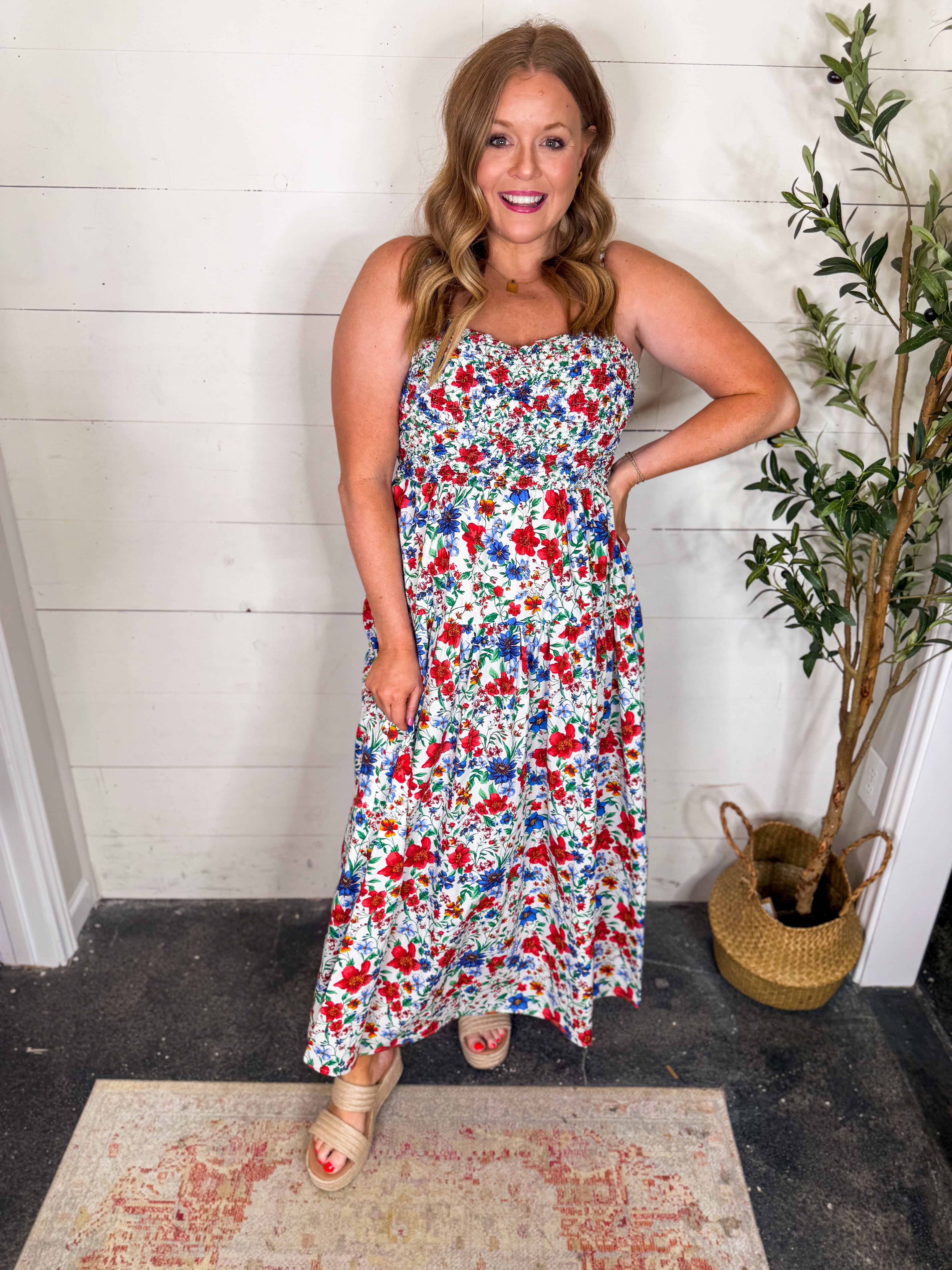 Smocked Floral Print Maxi Dress