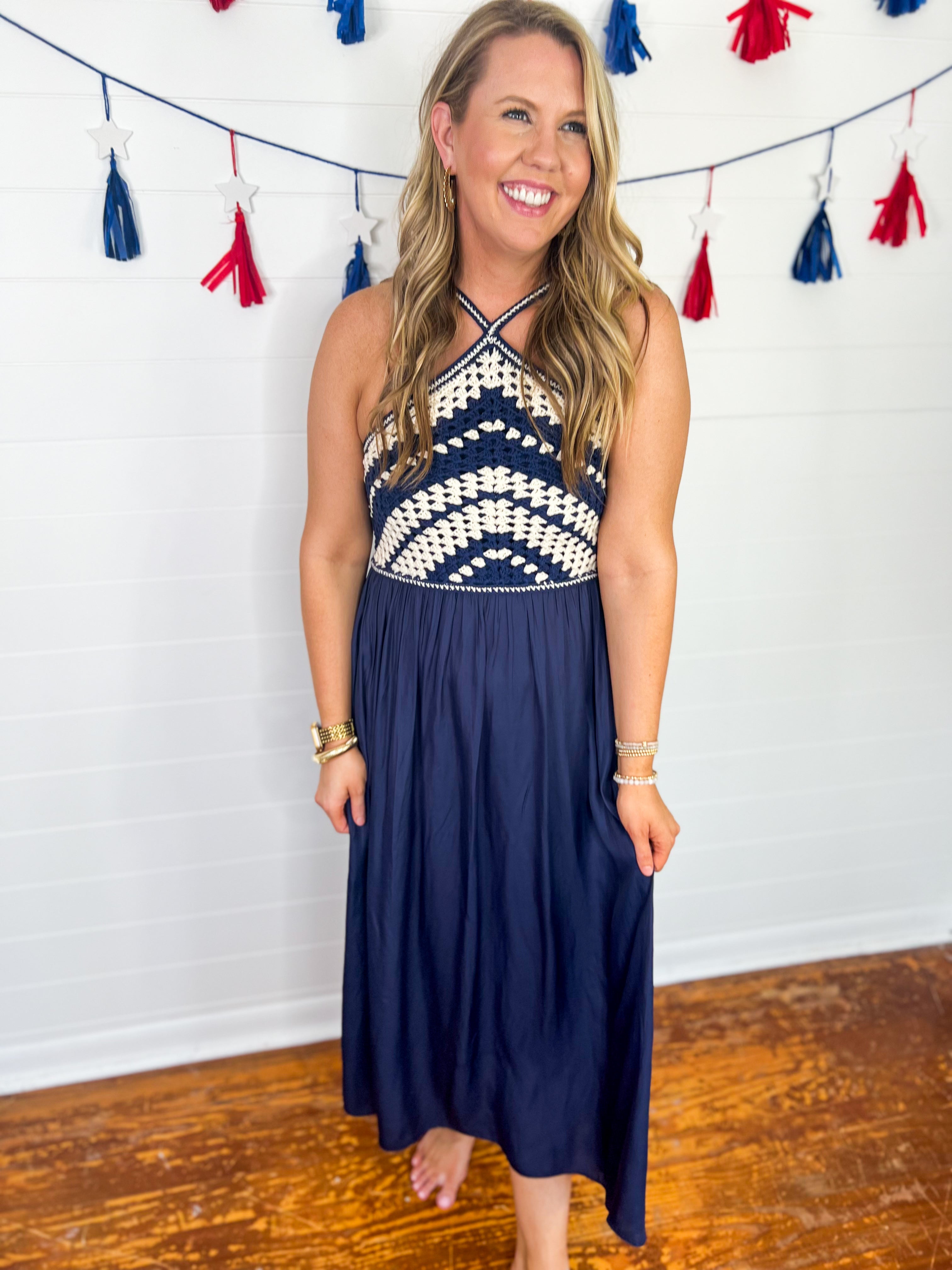 Navy Crochet Halter Top Maxi