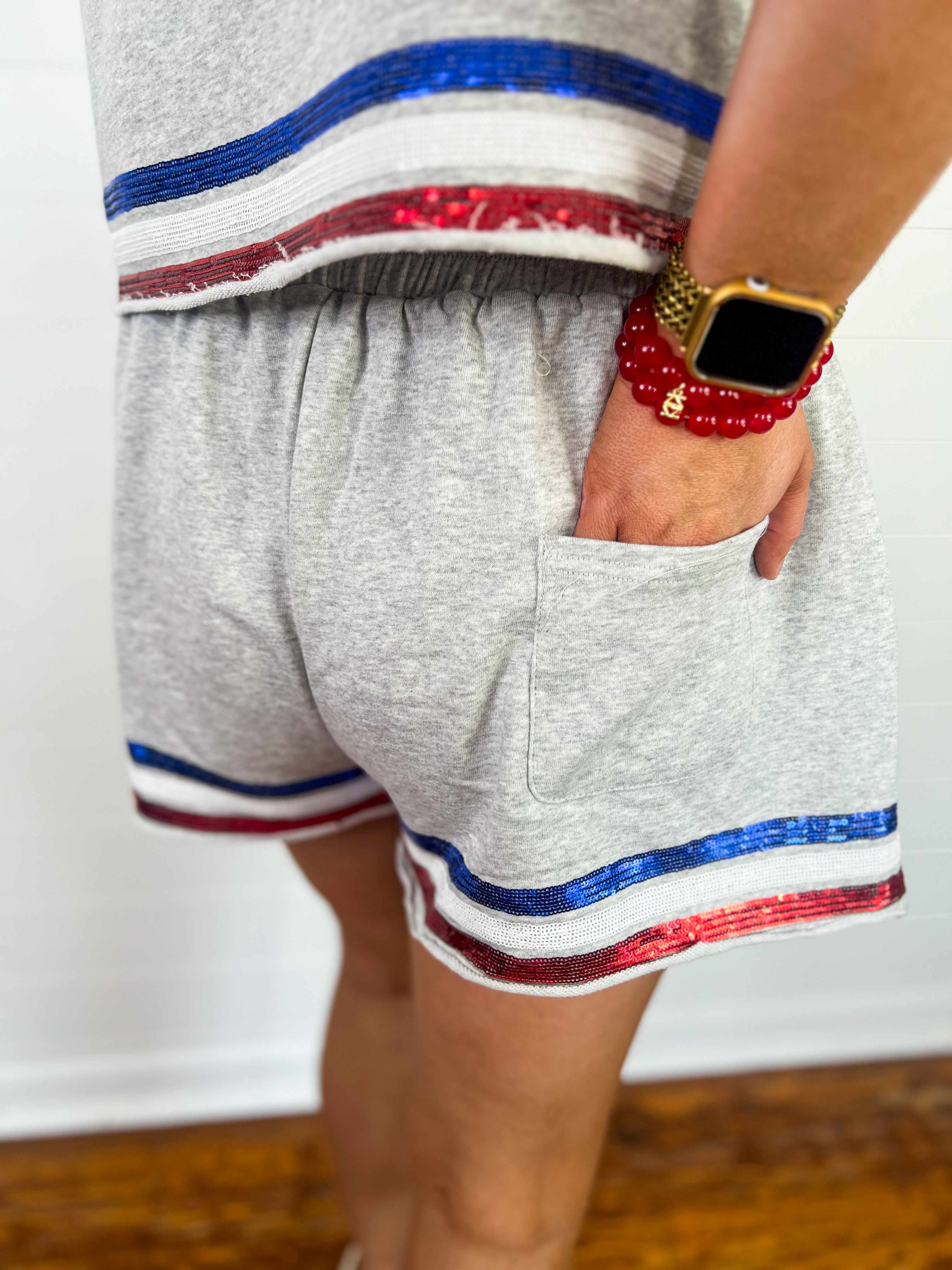 Red White & Blue Sequin Trimmed Wide Leg Shorts