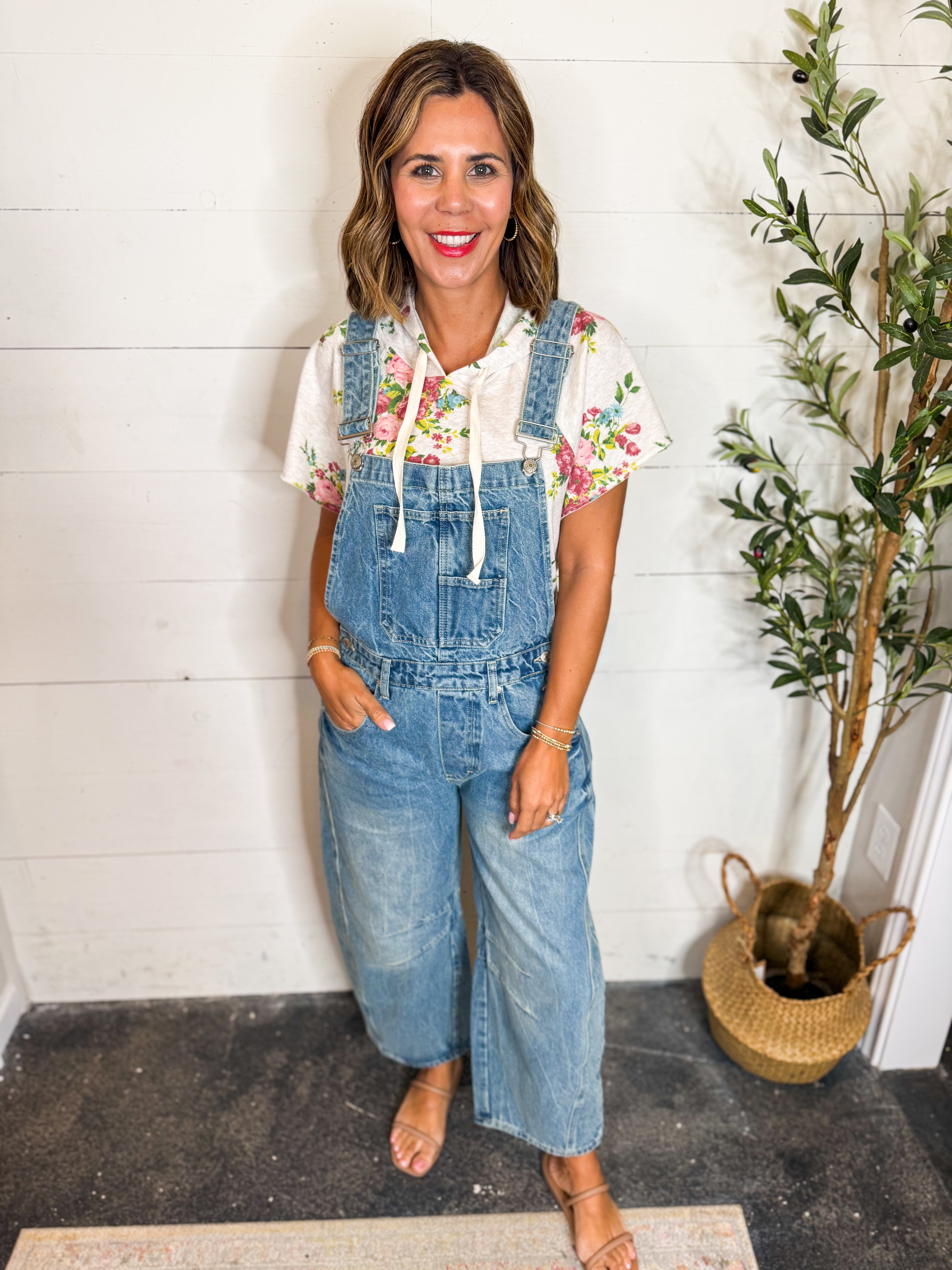 Mineral Washed Barrel Leg Denim Overalls