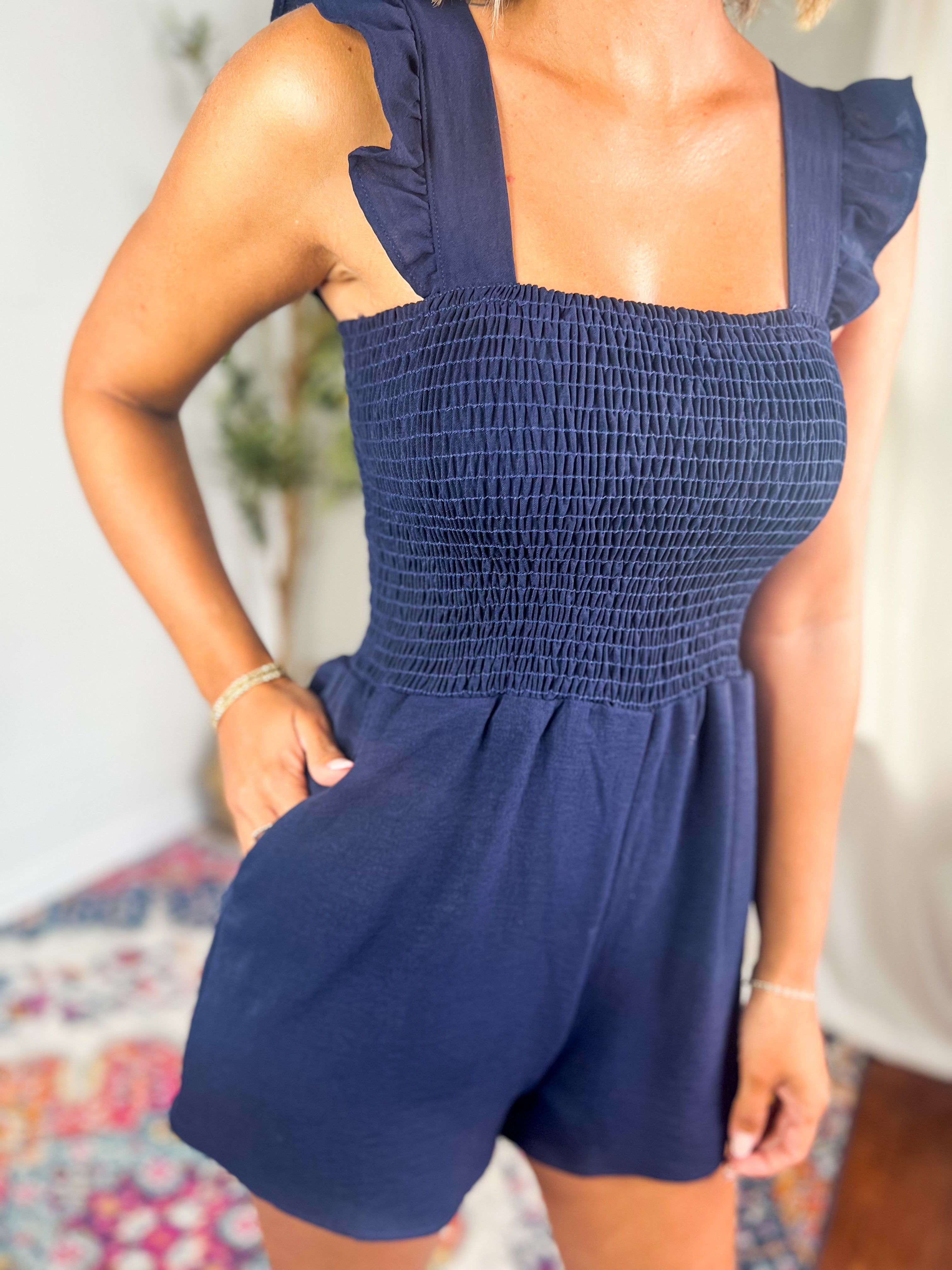 Navy Ruffle Strap Romper