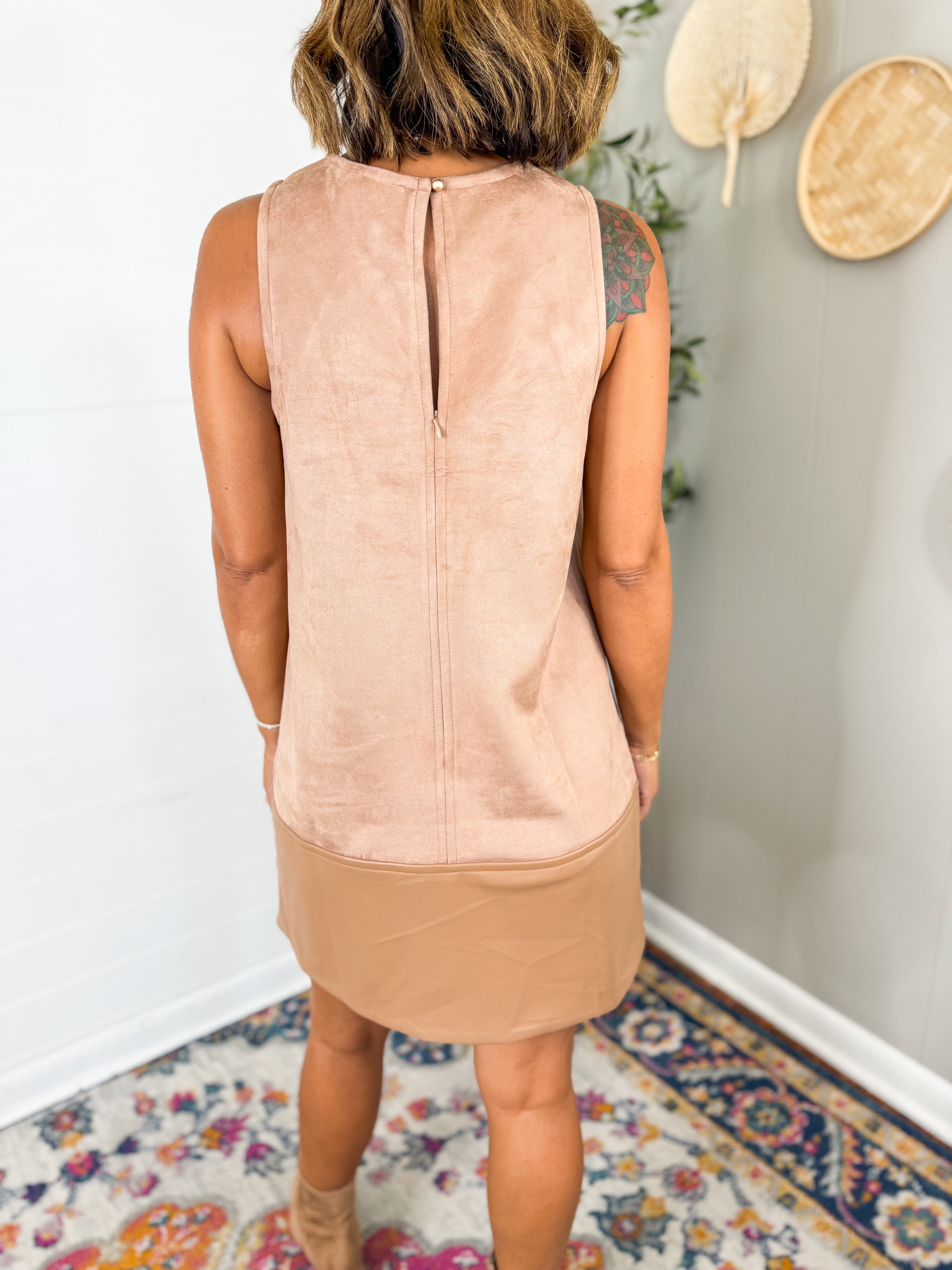 Contrast Faux Leather Hem Suede Shift Dress