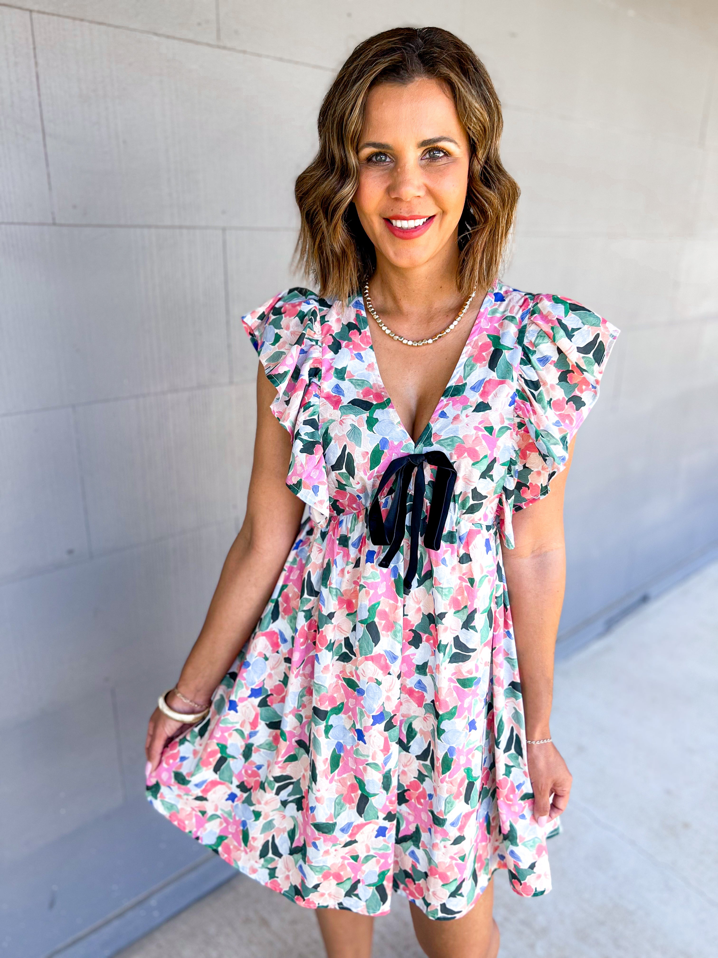 Pink Floral Mini Dress With Black Bow