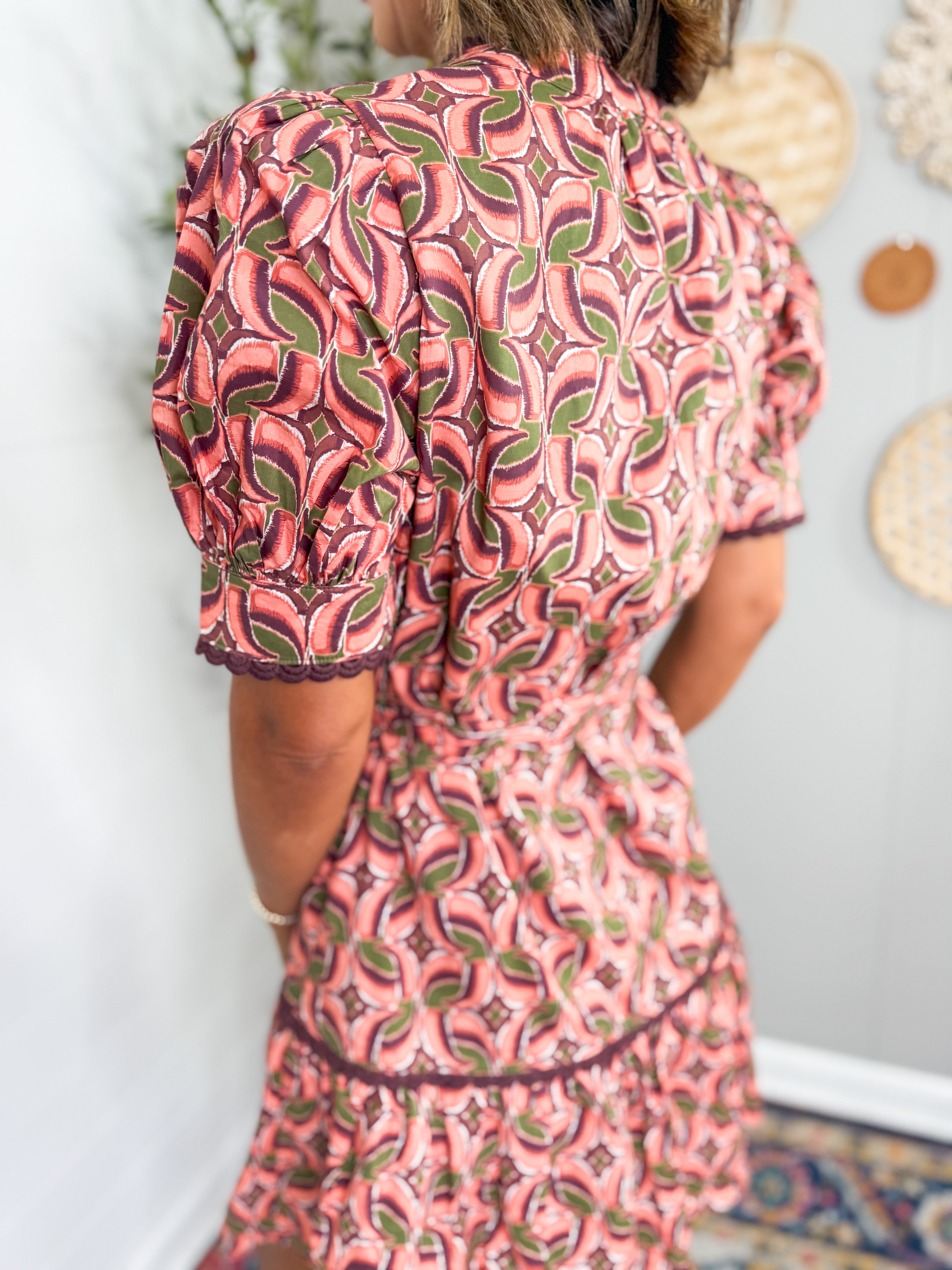 Terracotta Printed Puff Sleeve Mini Dress