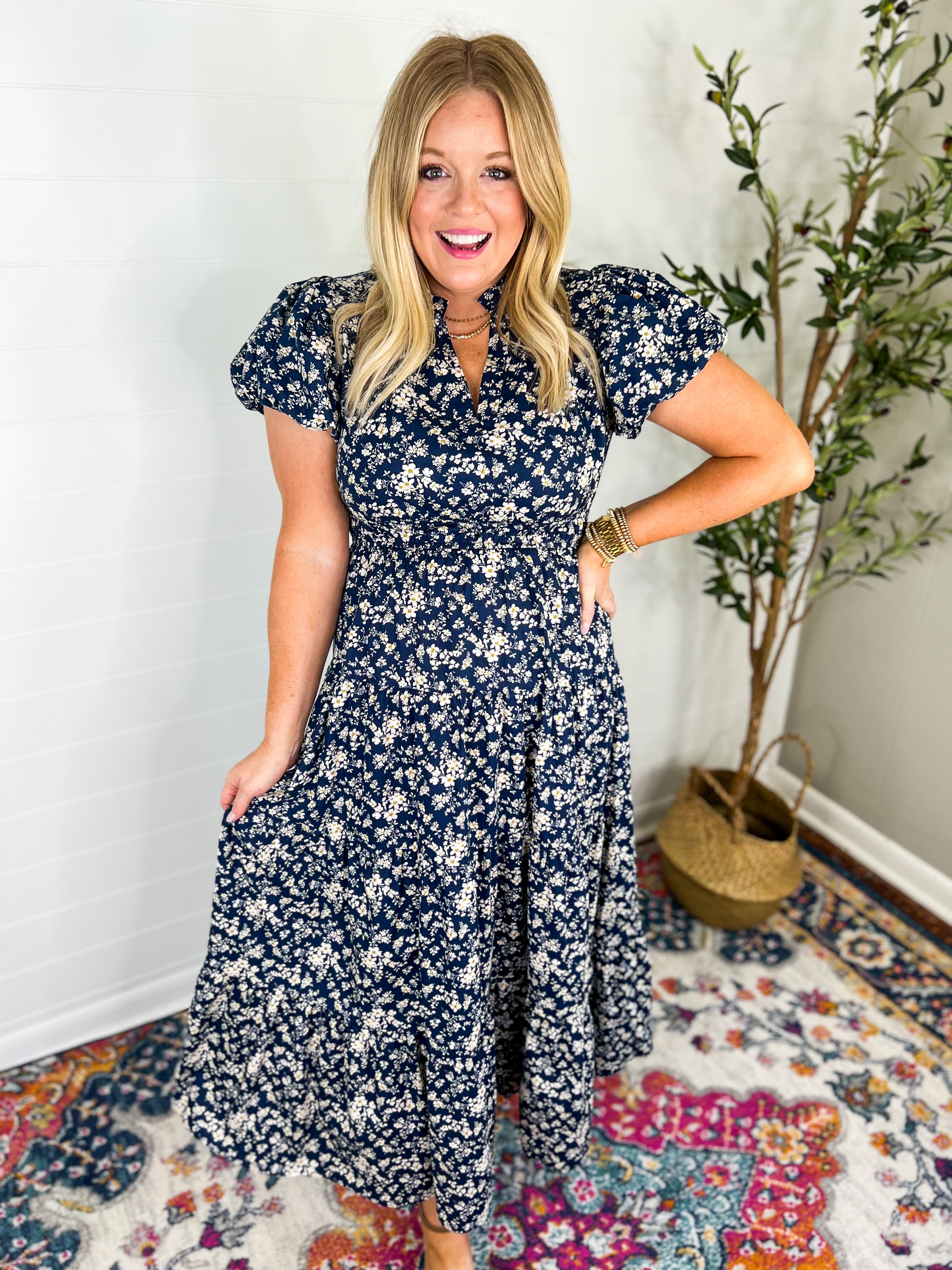 Micro Floral Navy Maxi Dress