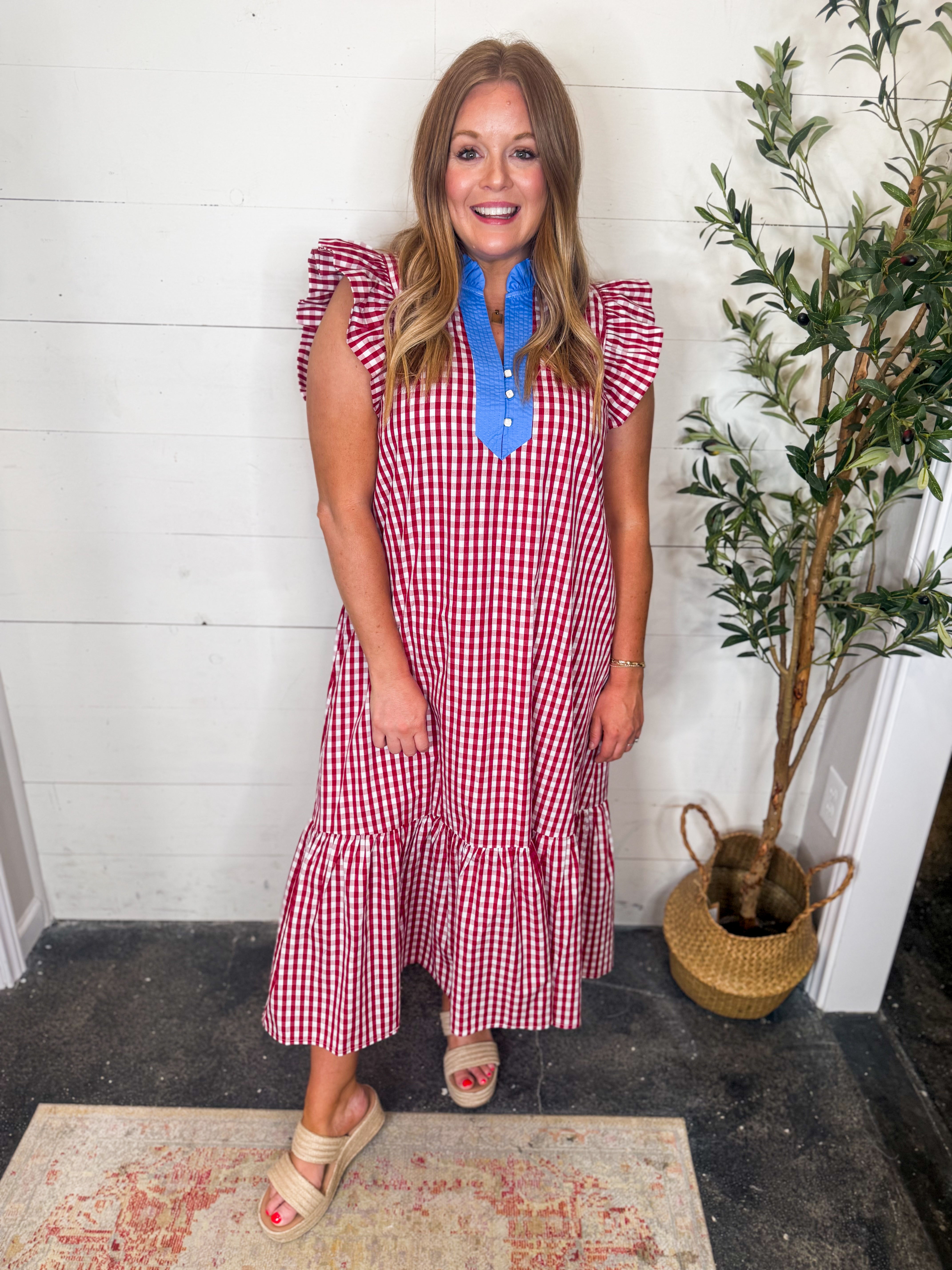 Red Gingham Flutter Sleeve Maxi Dress