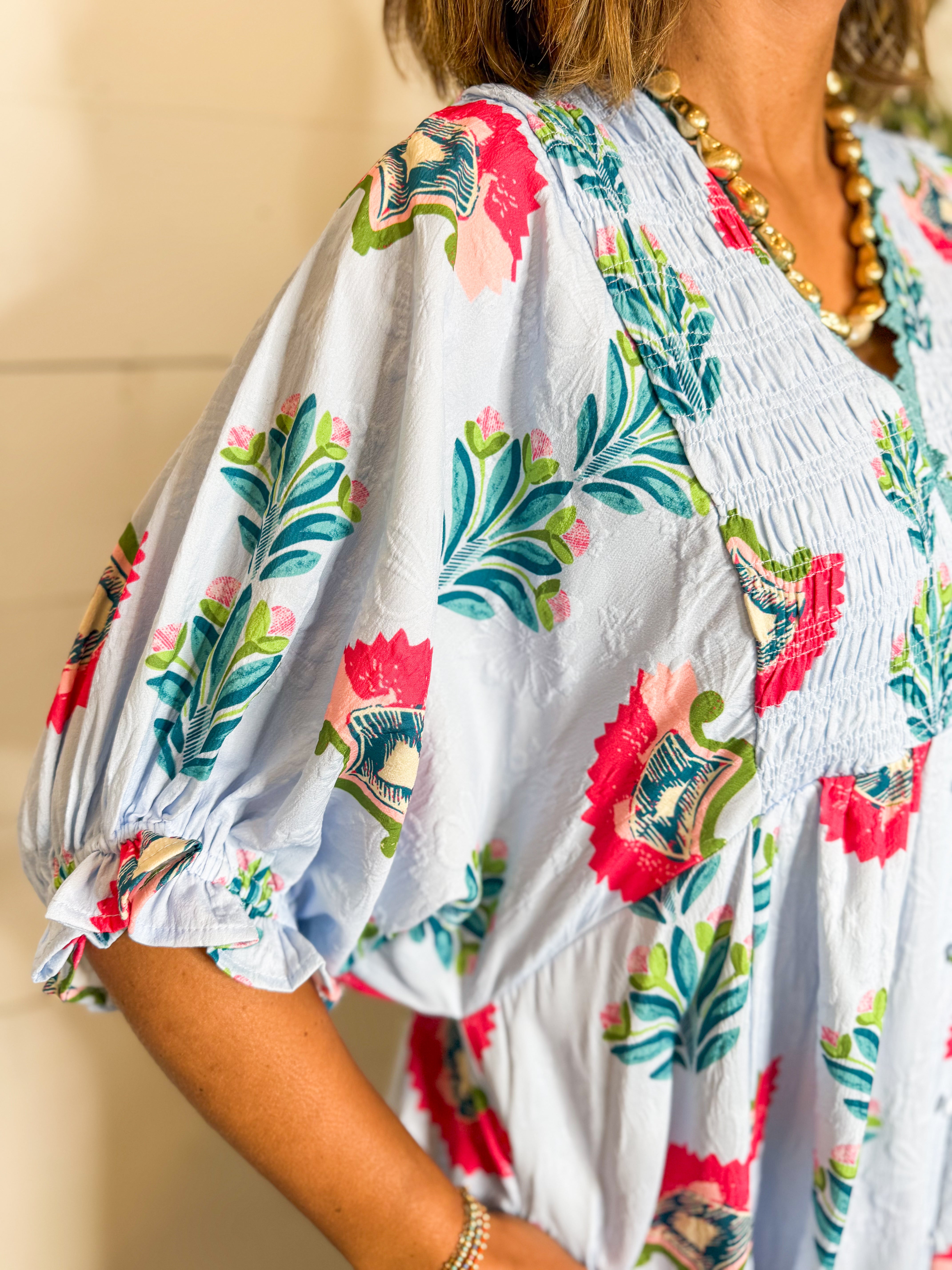 Light Blue Abstract Print Midi Dress