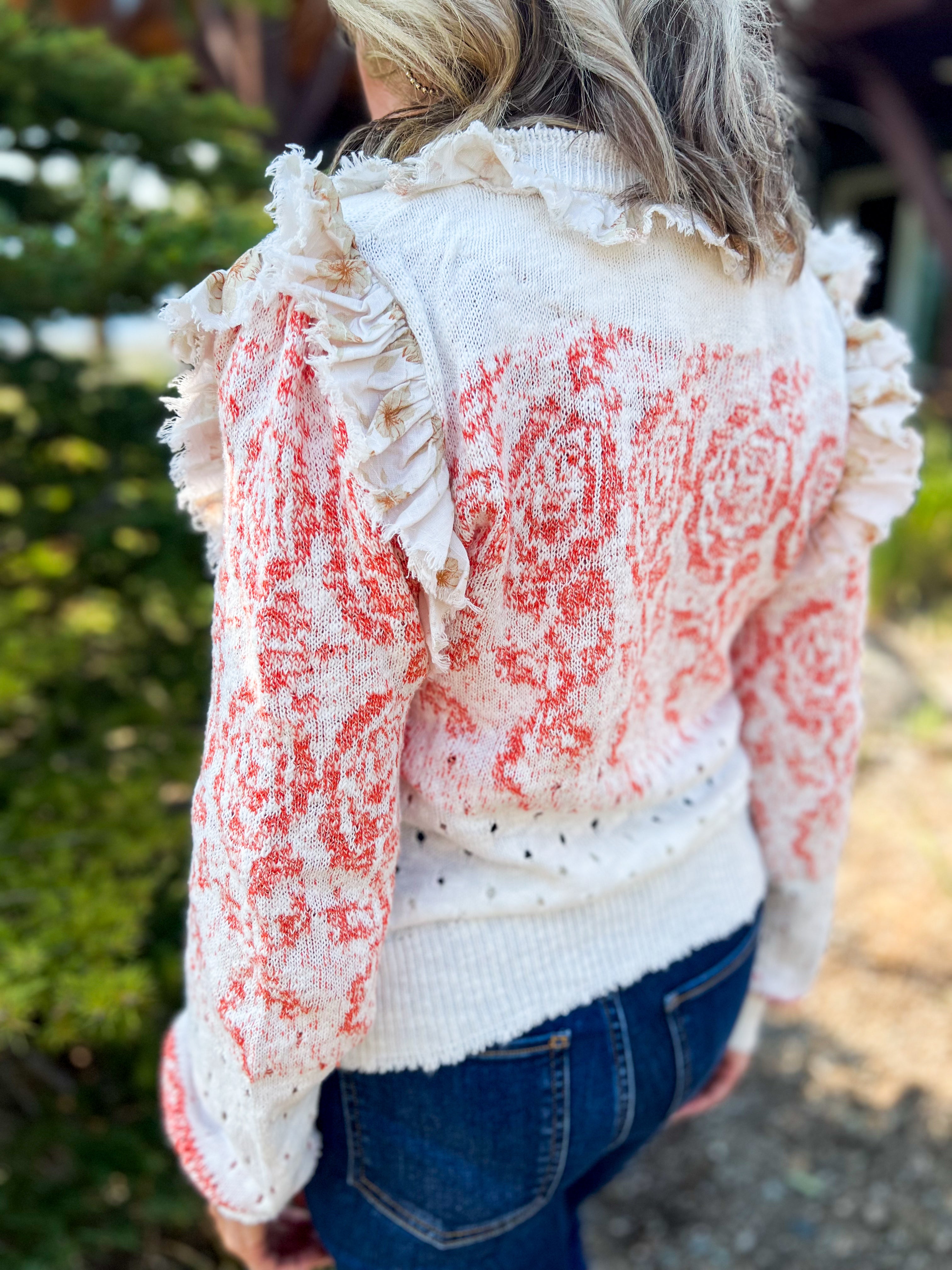 White And Coral Cardigan with Ruffle Detail