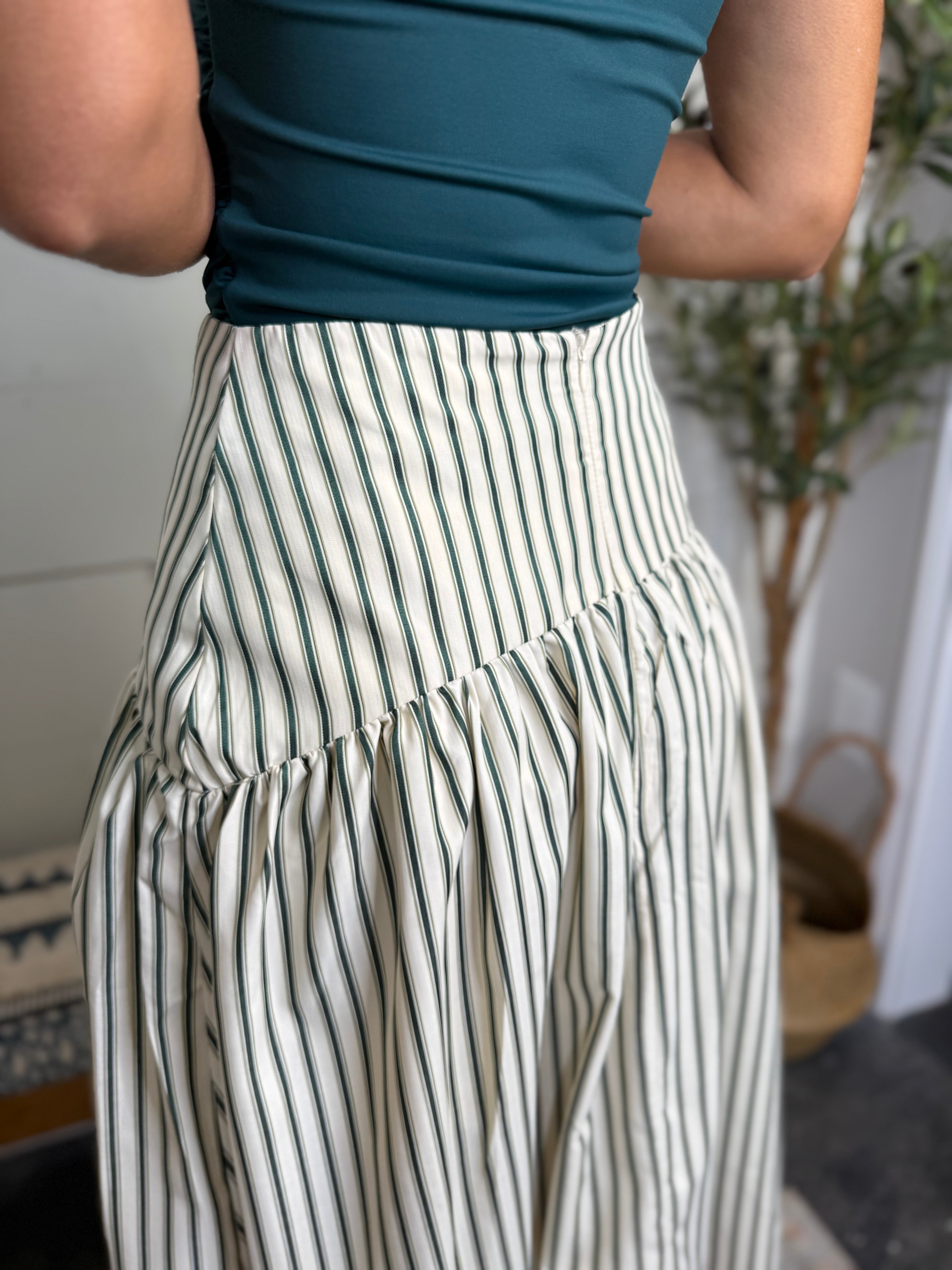 Green Striped Drop Waist Skirt