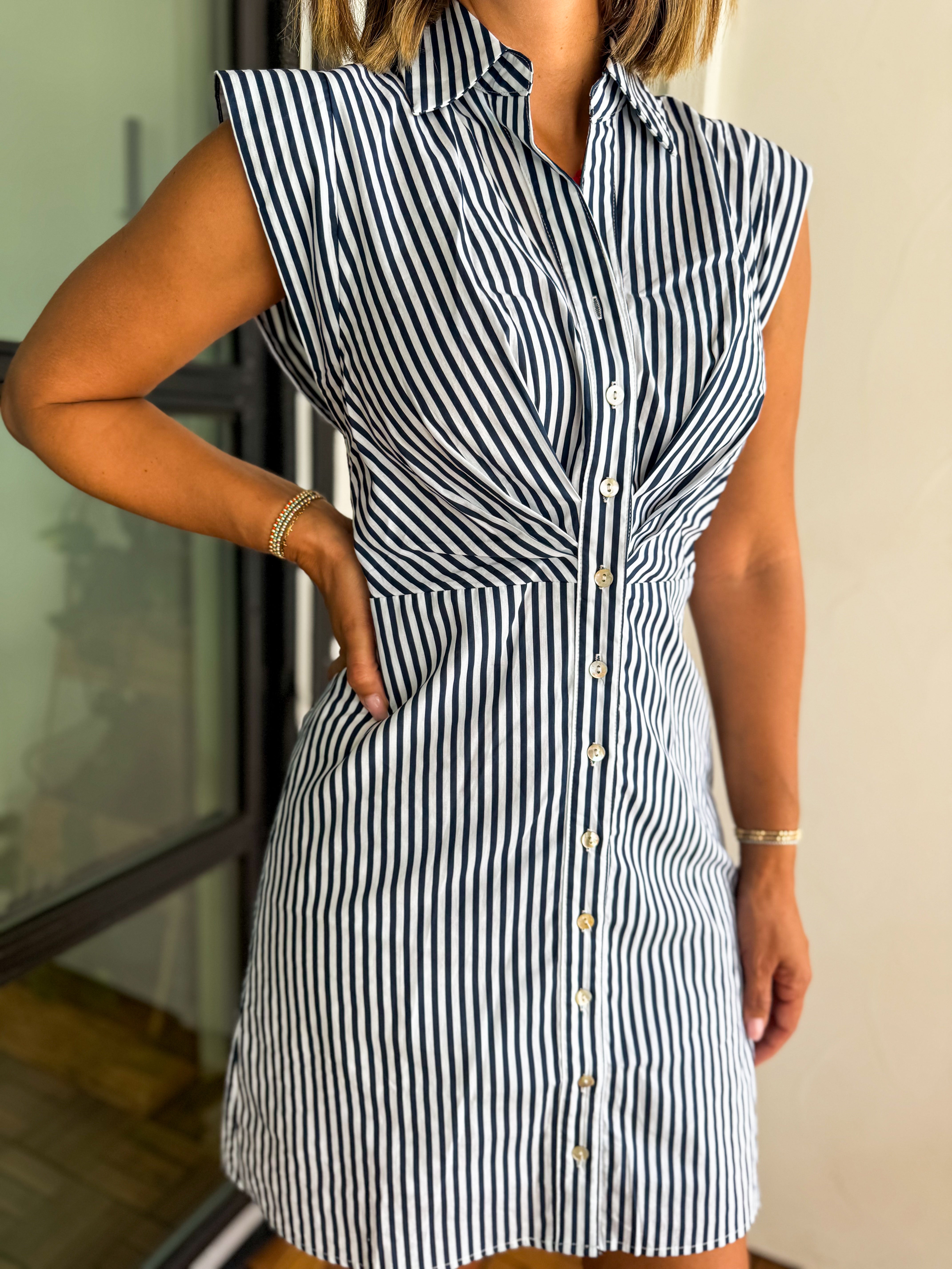Stripe Cap Sleeve Button Down Mini Dress