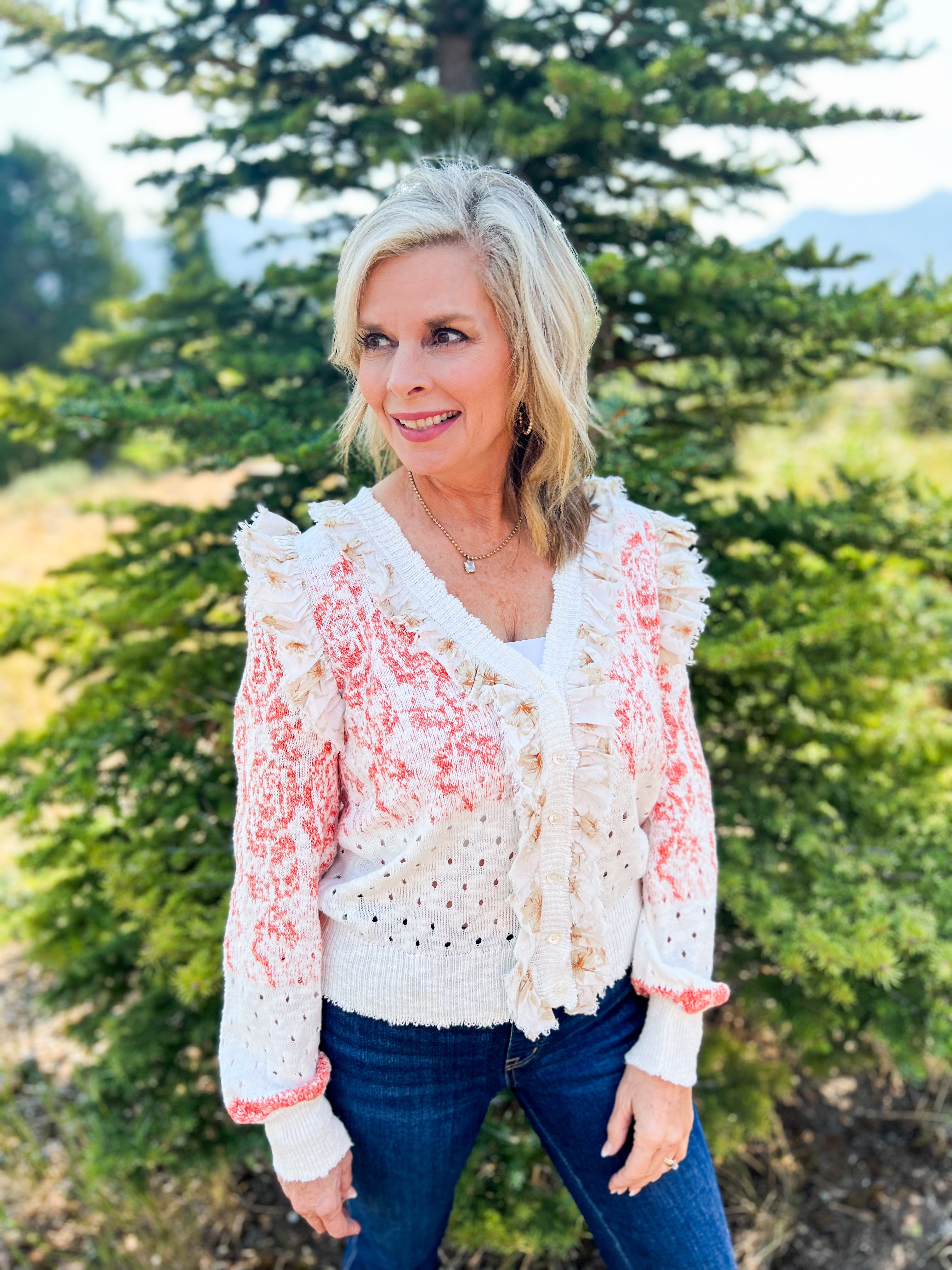 White And Coral Cardigan with Ruffle Detail