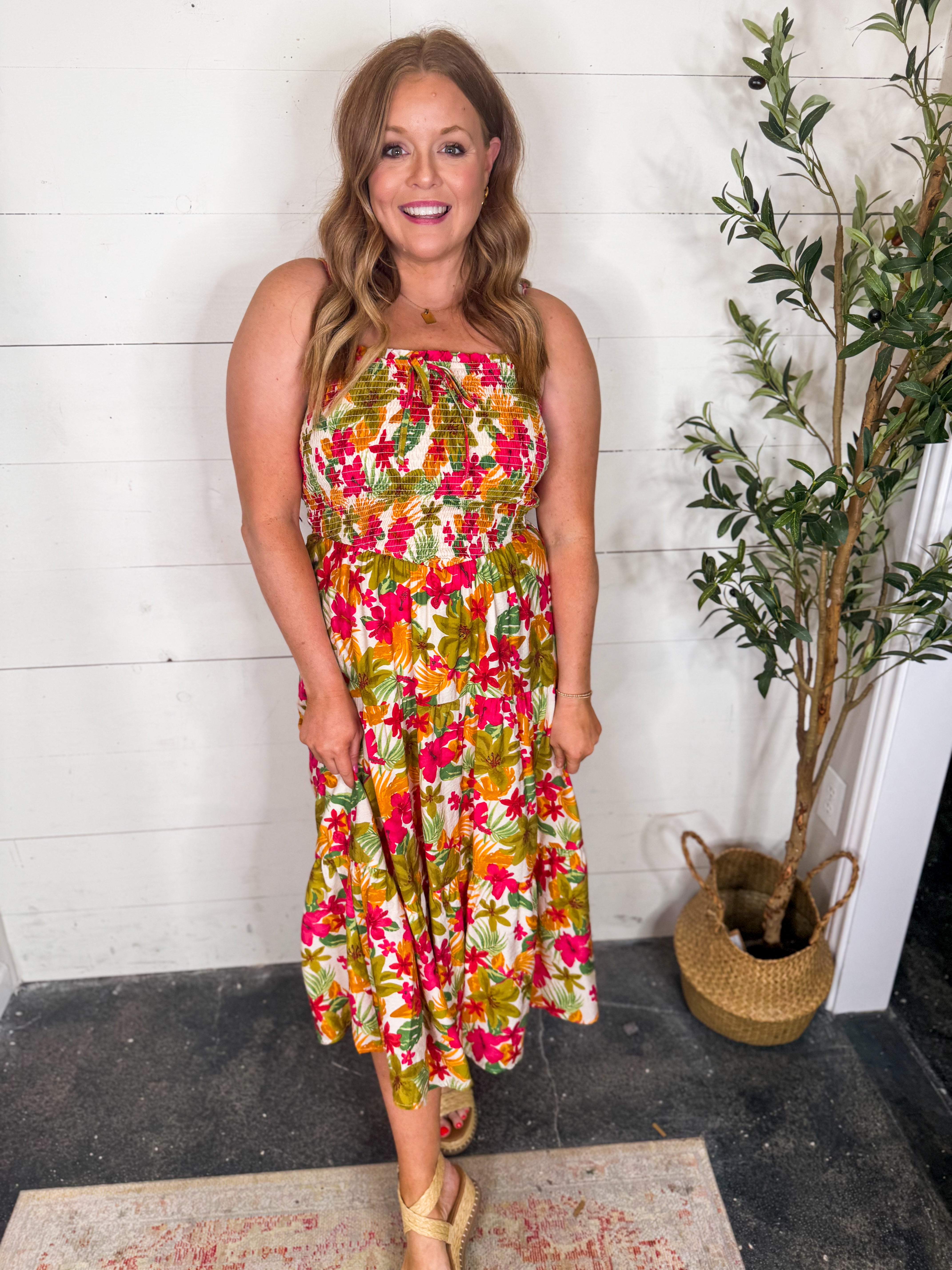 Tropical Smocked Midi Dress