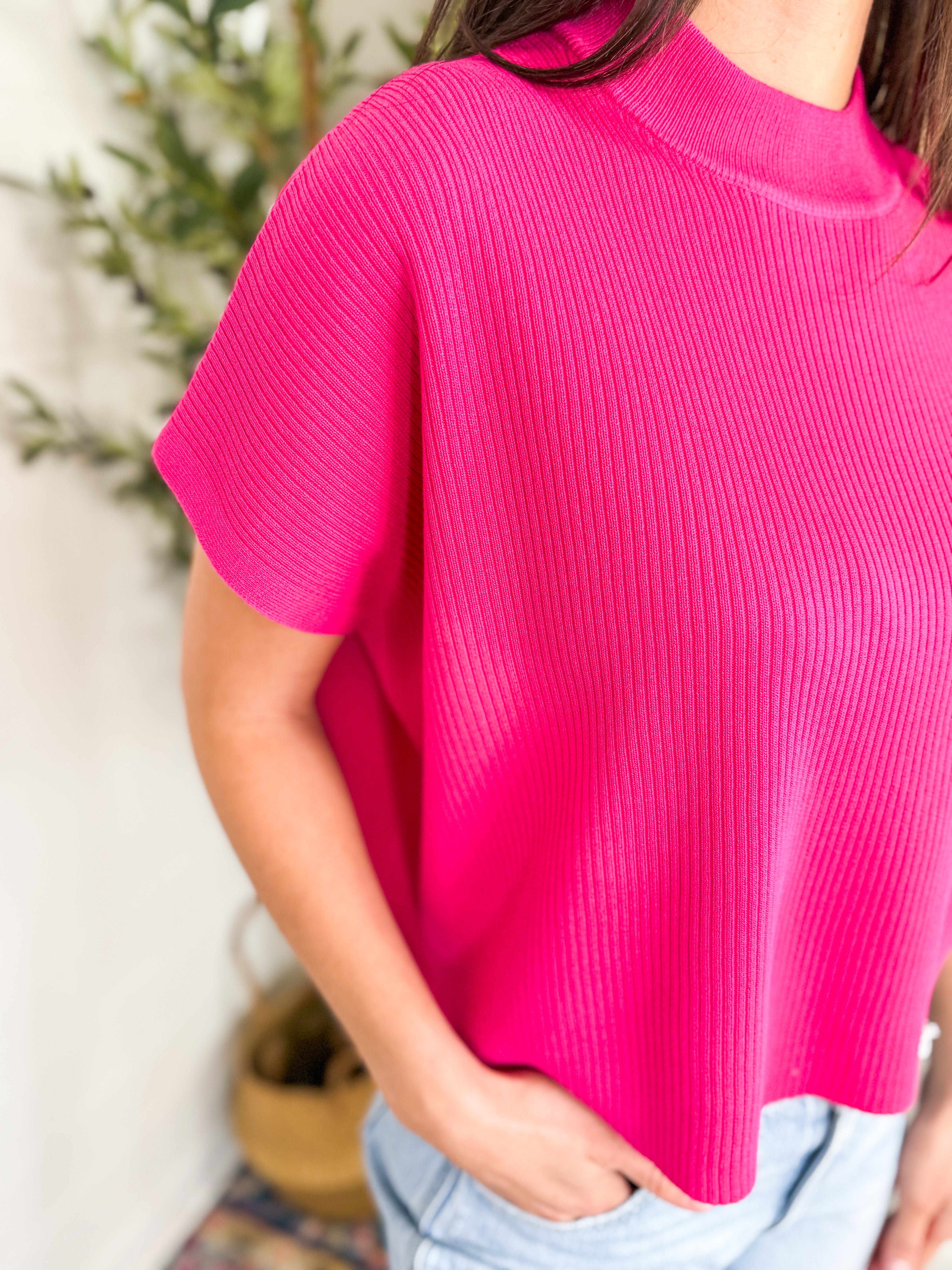 Viscose Mock Neck Short Sleeve Boxy Sweater