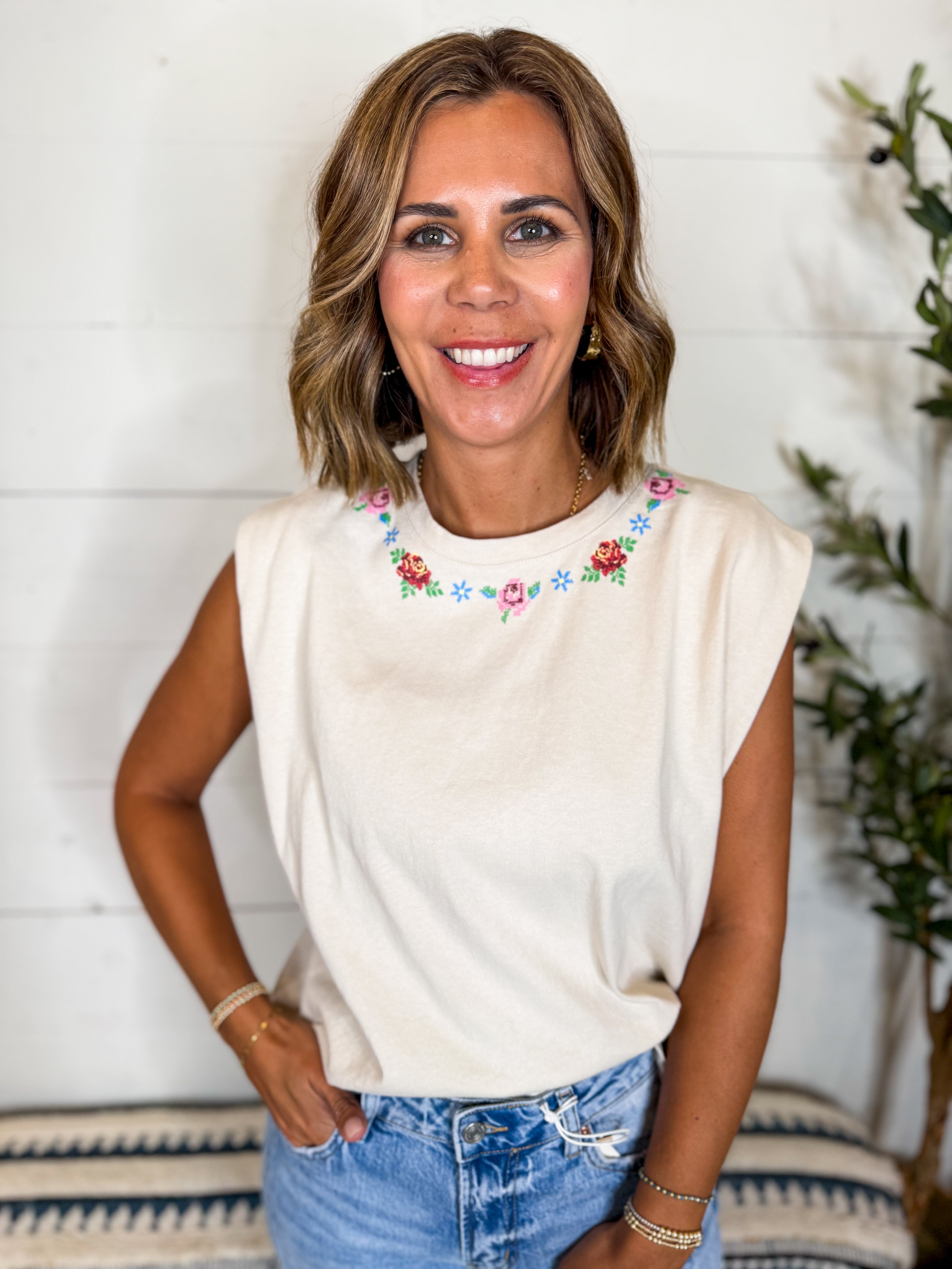 Mineral Washed Round Floral Neck Top