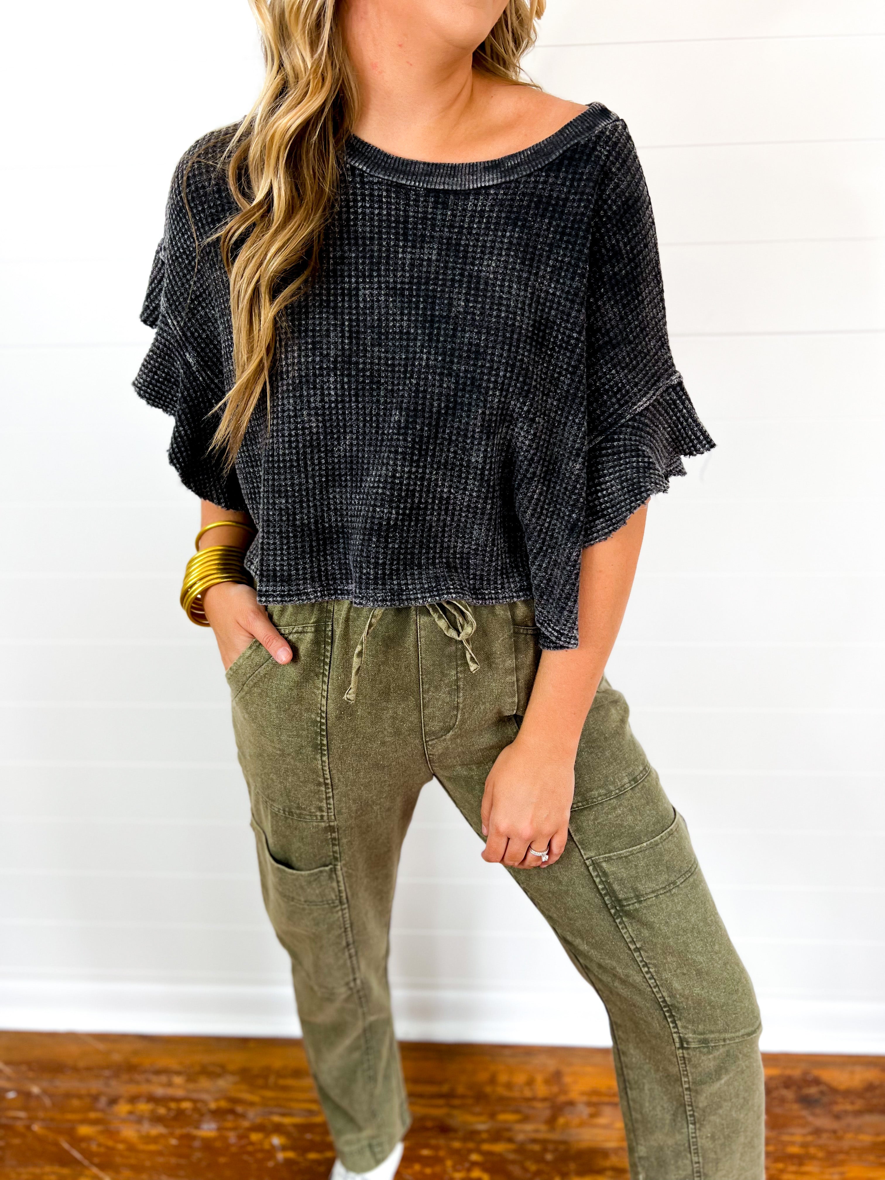 Ruffled Garment Mineral-Wash Charcoal Cropped Top