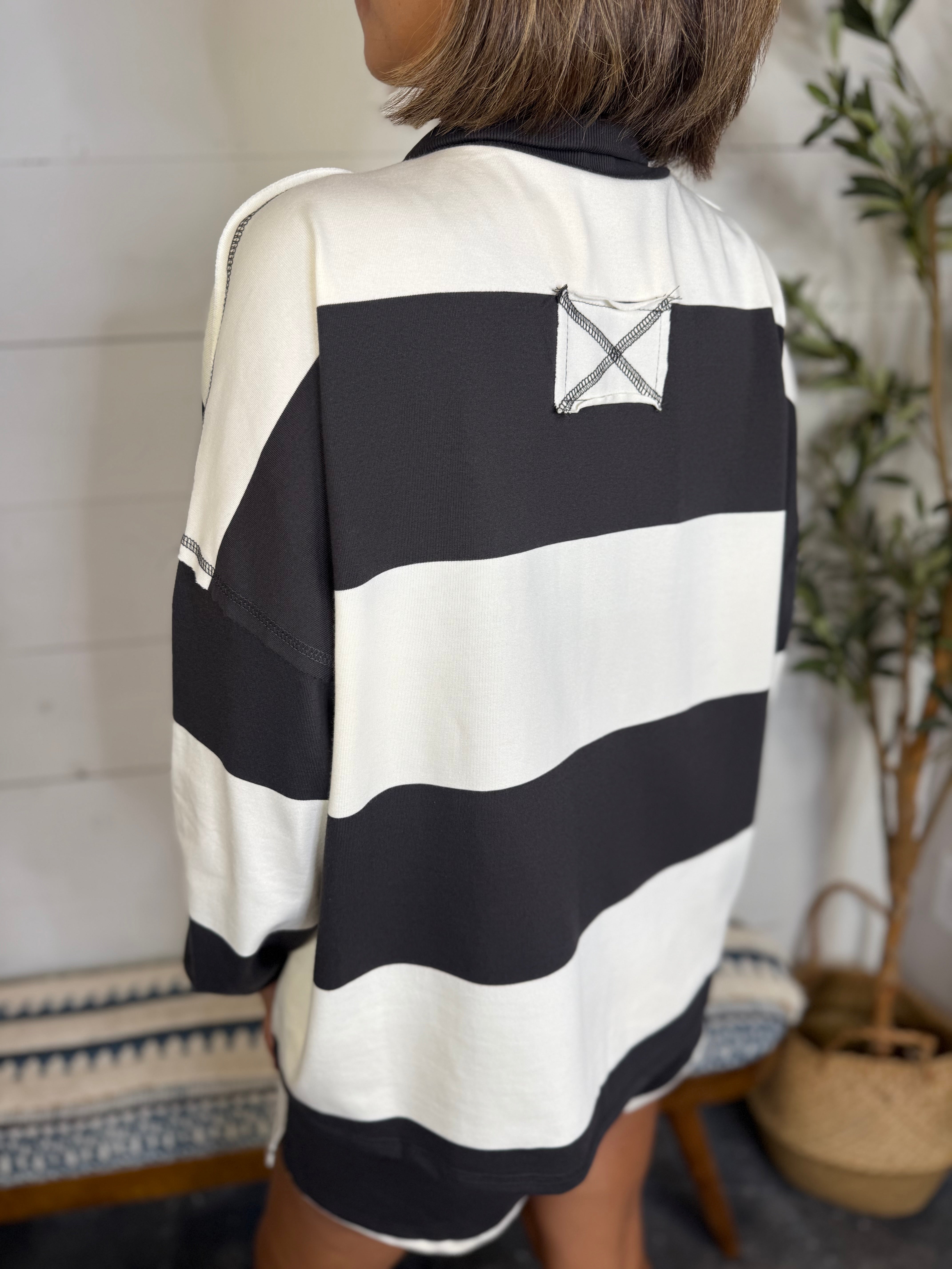 Wide Stripe Half Zip Long Sleeve Knit Top