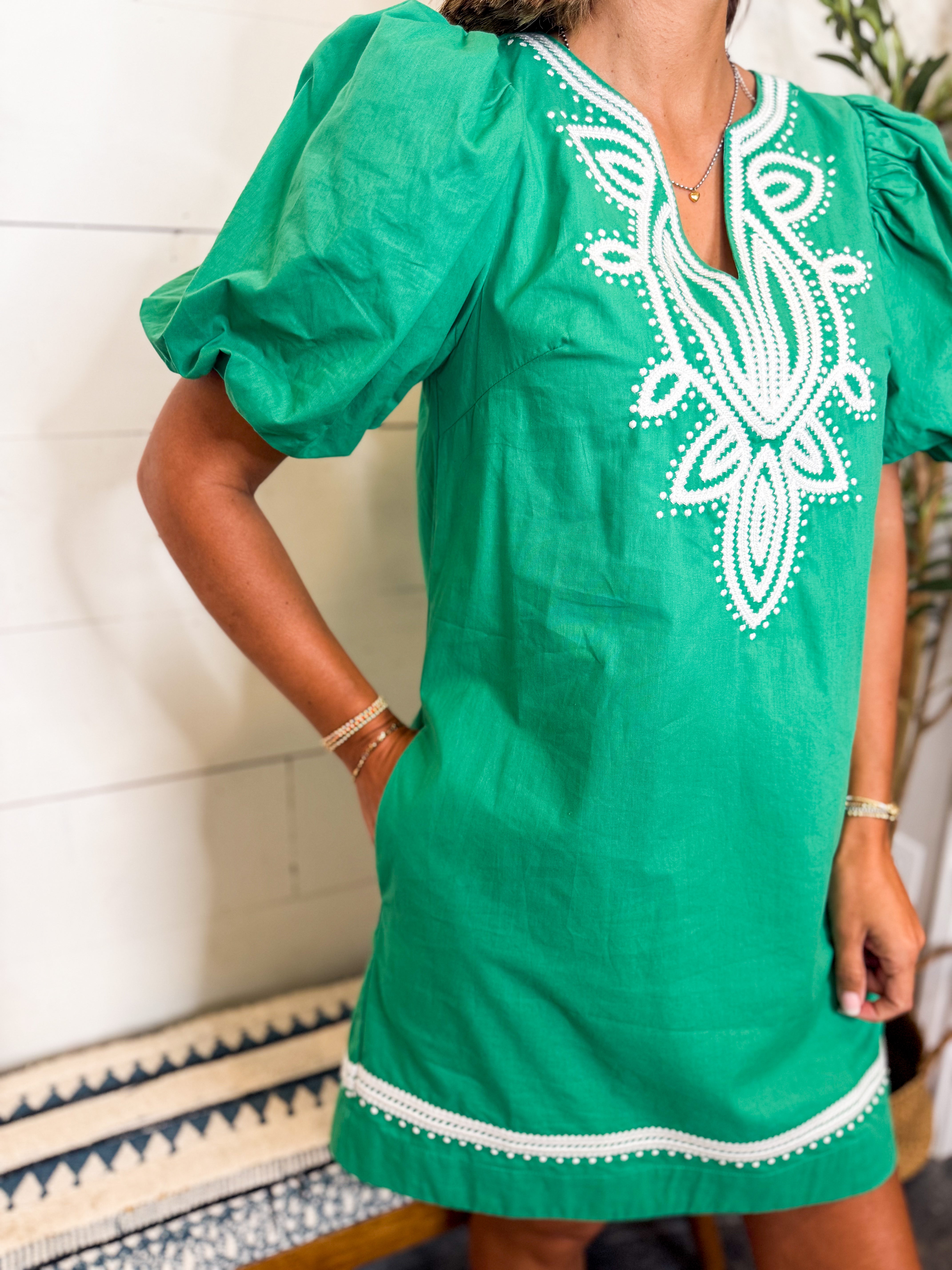 Green Embroidered Detail Mini Dress