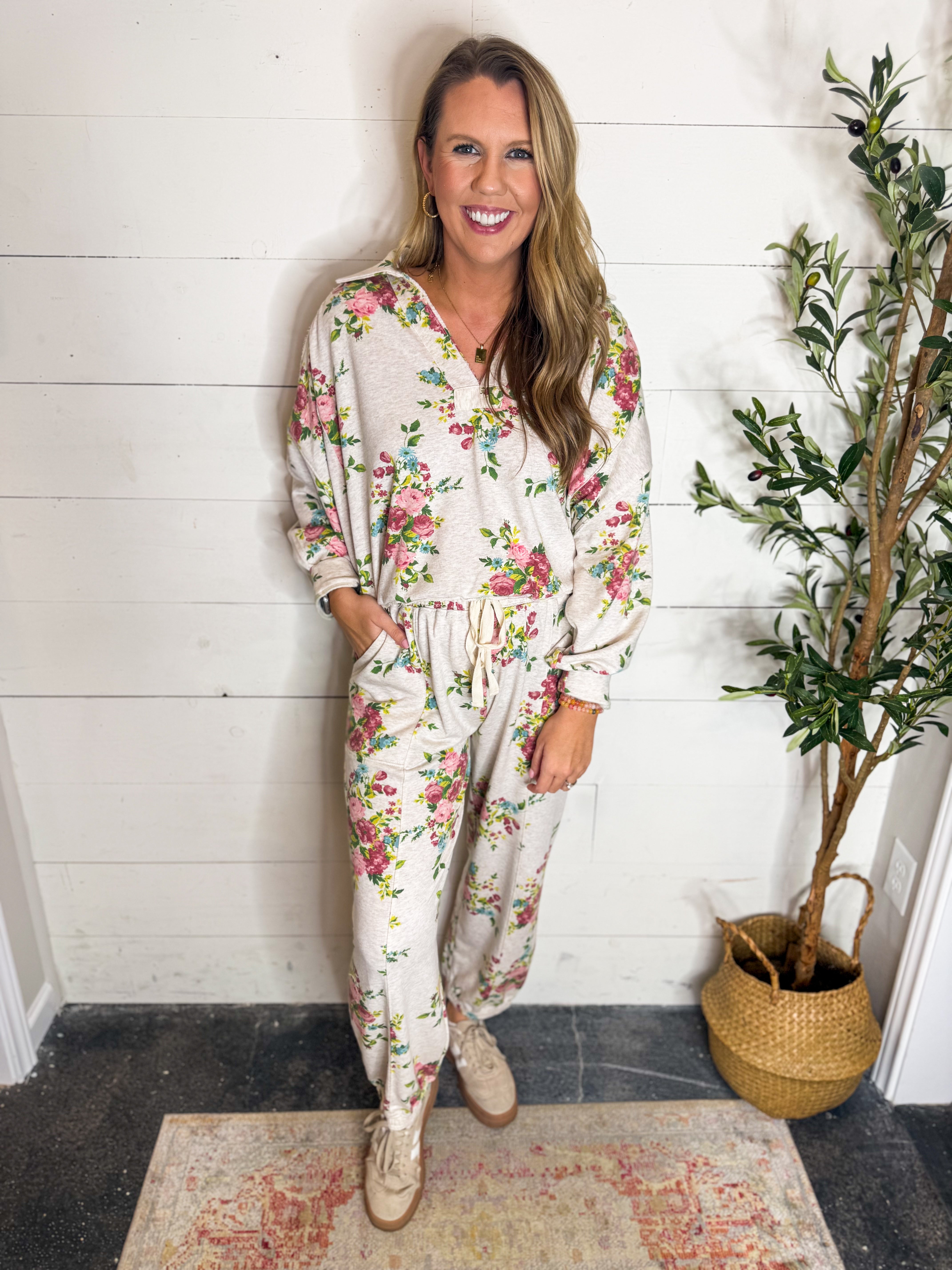 Floral Printed Cotton Terry Joggers