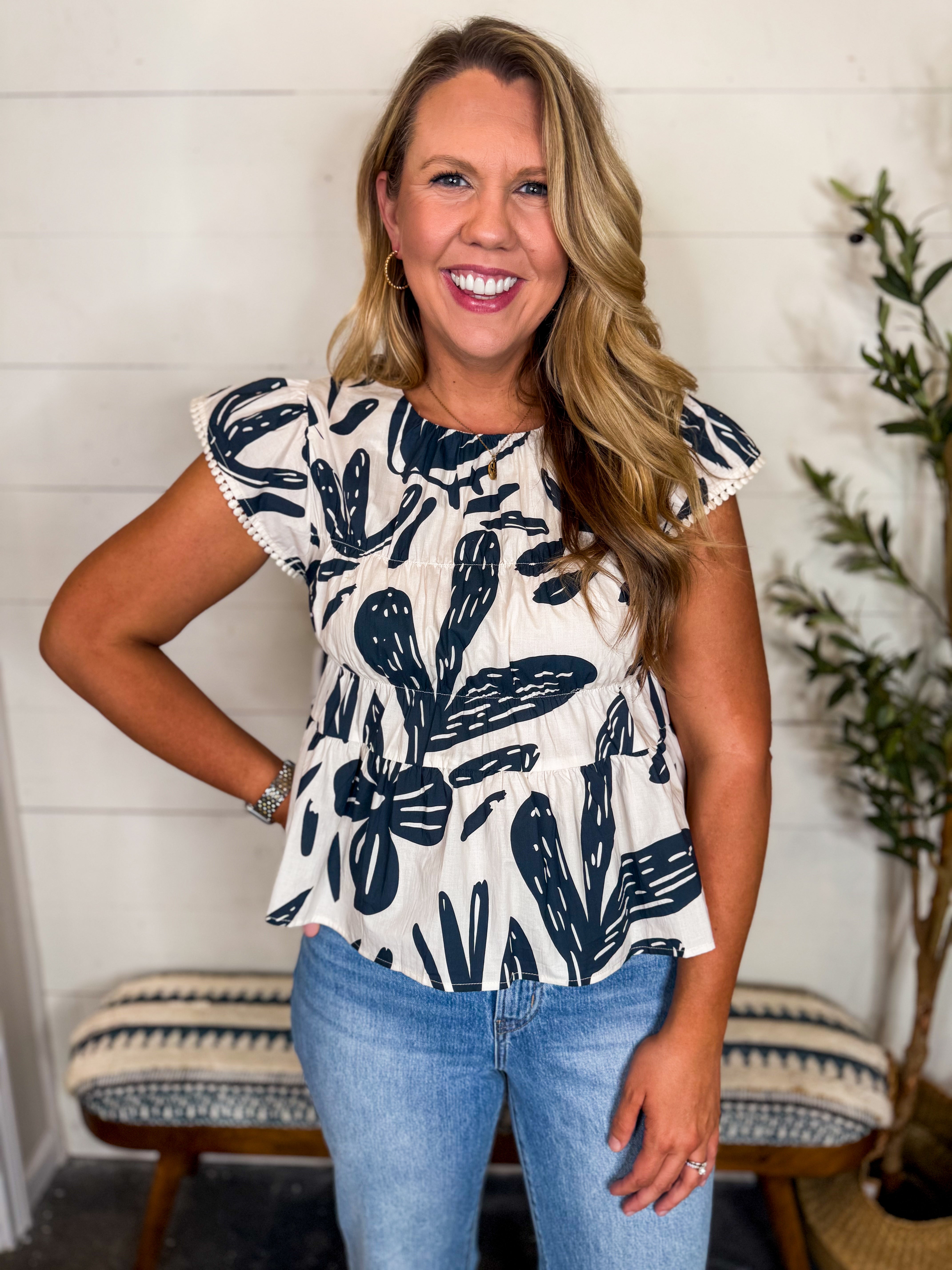 THML Black & White Printed Flutter Sleeve Top