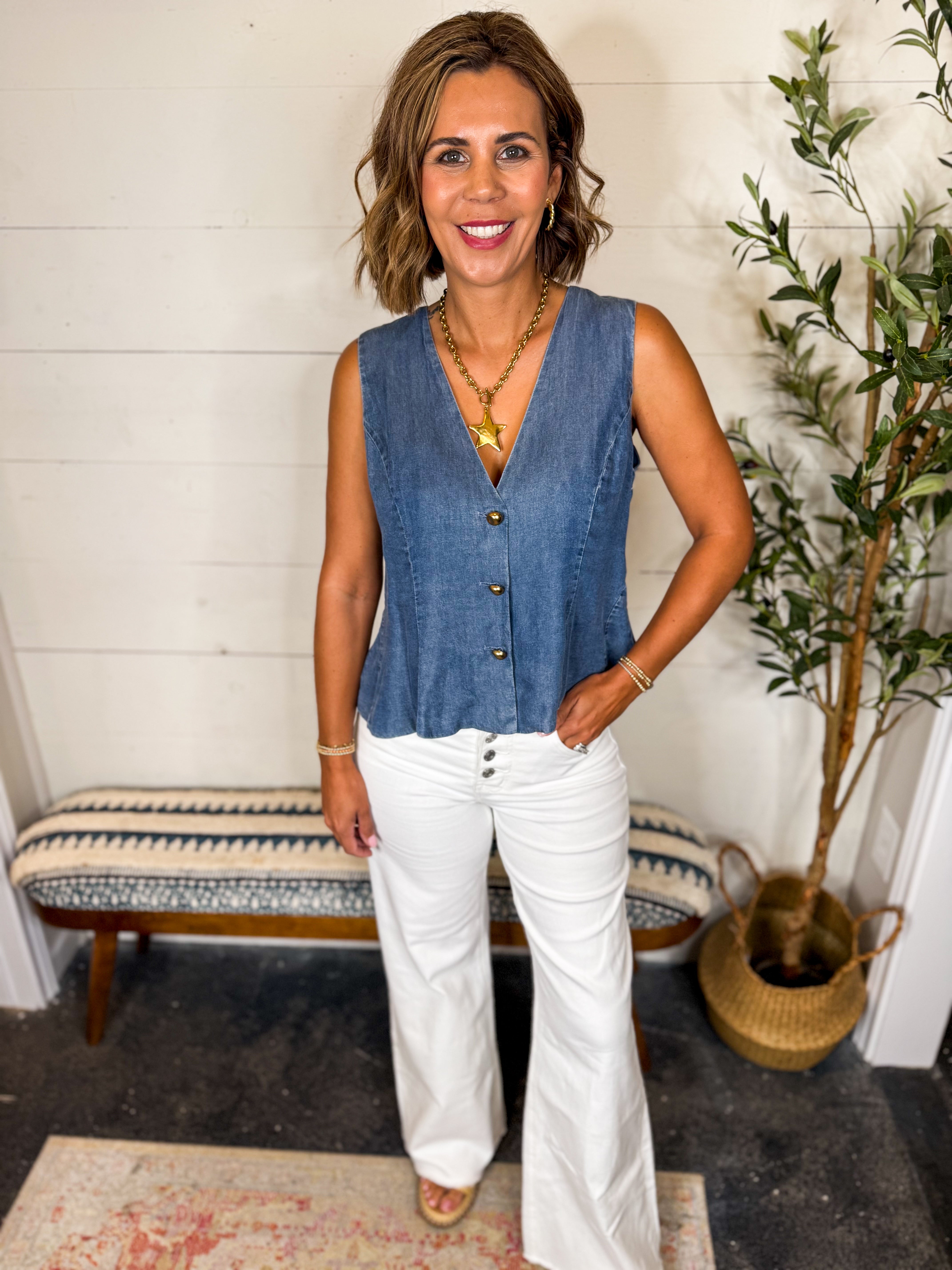Denim Peplum Button Front Vest