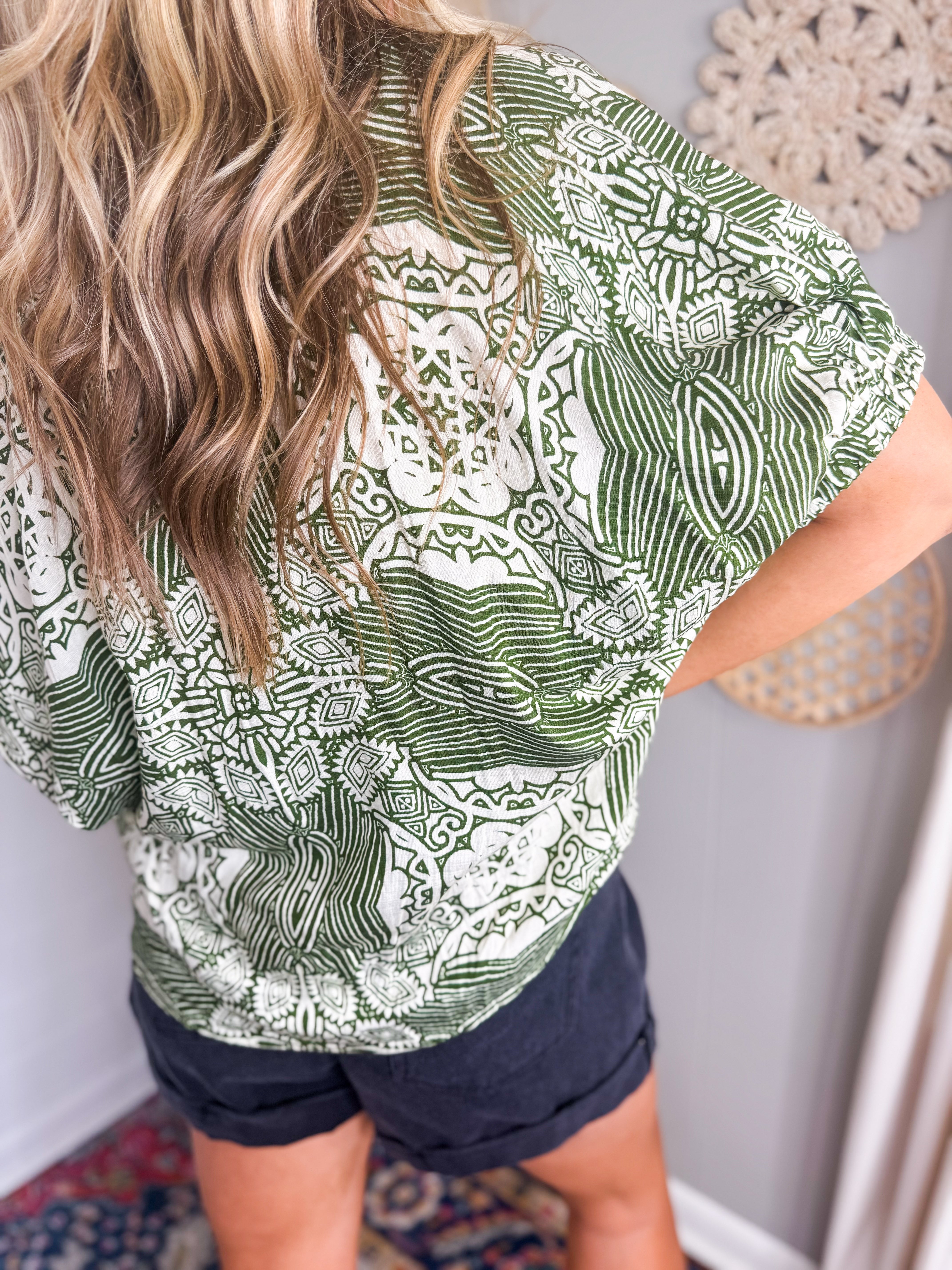 Short Dolman Sleeve Mixed Pattern Top / Olive