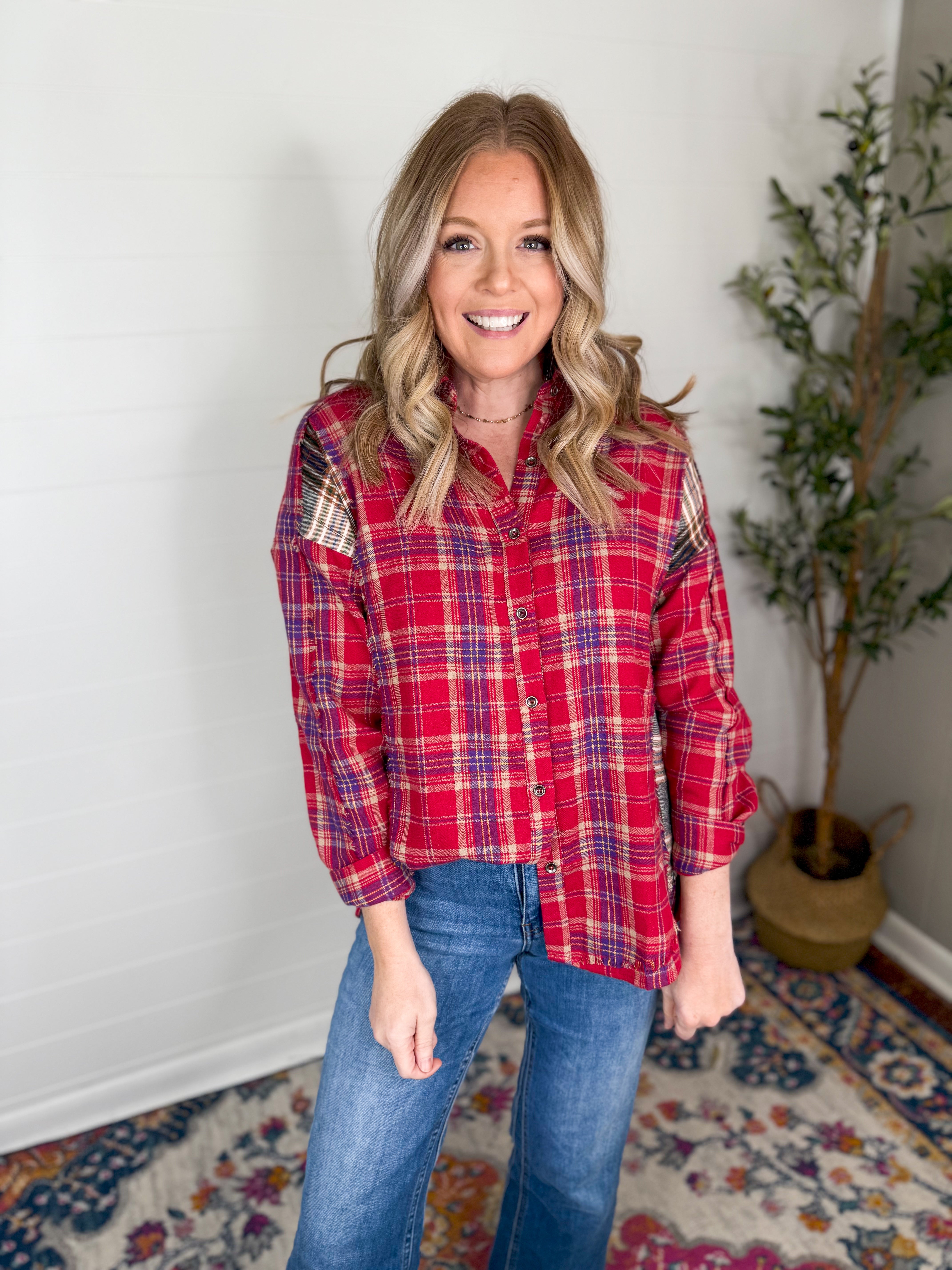 Contrast Plaid Detail Button Front Shirt