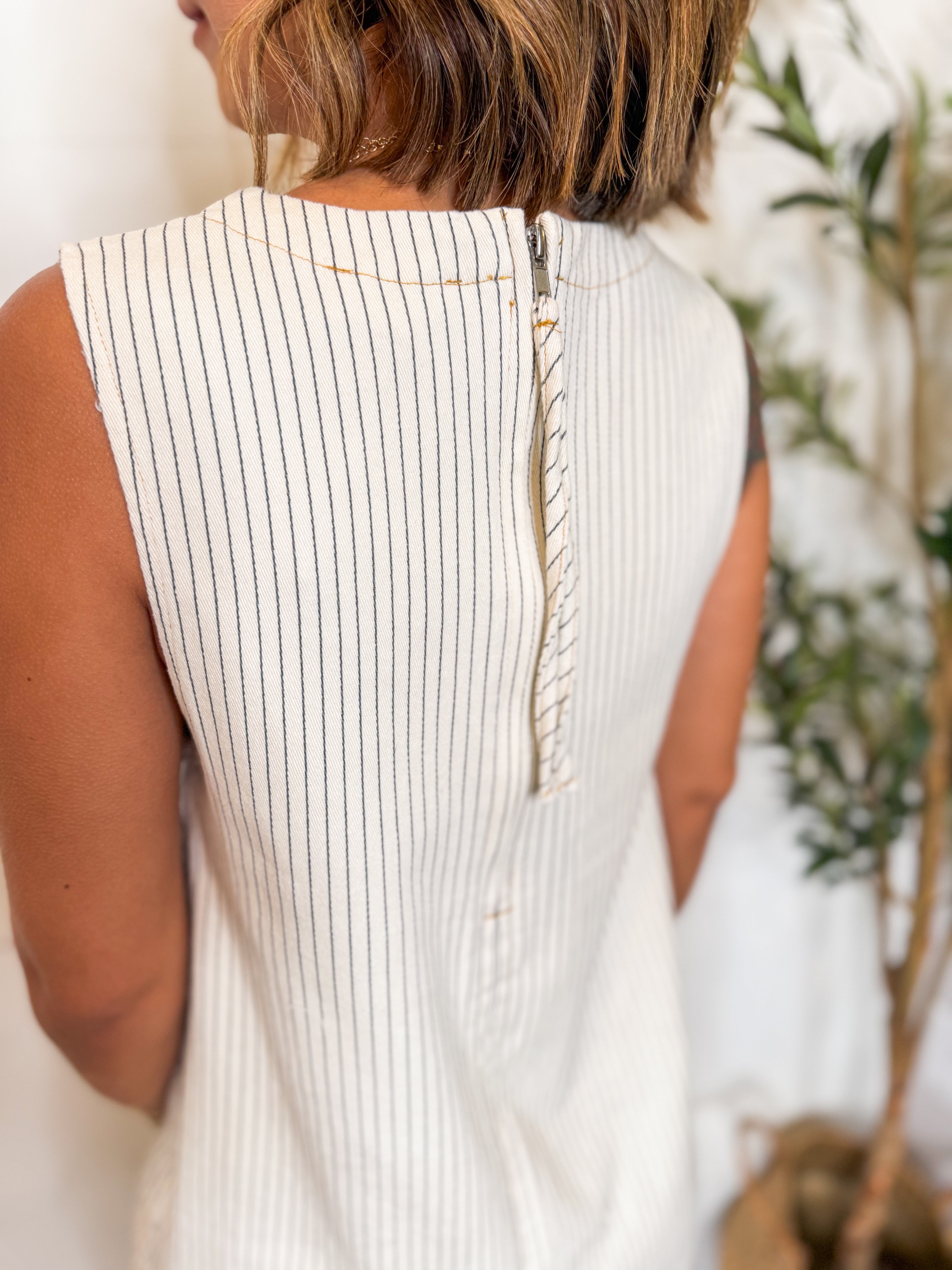 Off White Sleeveless Striped Shift Dress